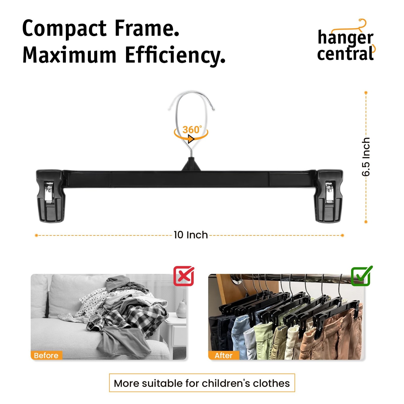 Hanger Central 10 Pack Black Plastic Pants Hangers with Clips 10 inch
