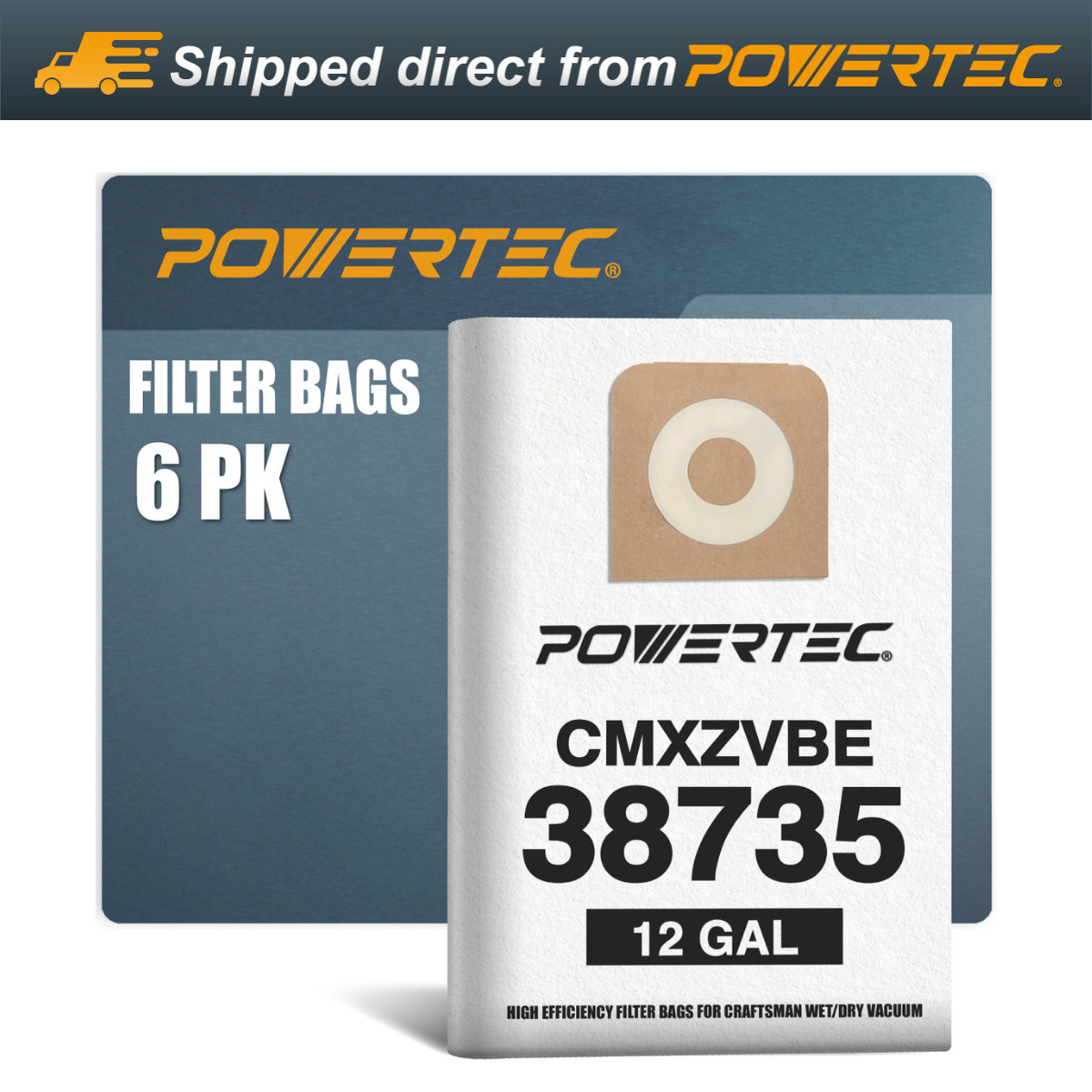POWERTEC 6PK Bags for Craftsman 12 Gal Shop Vac, Replacement Filter Bags