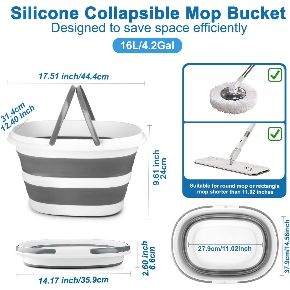 Collapsible Mop Bucket with Handle for Cleaning, 16L(4.2 Gallon) Silicone Square