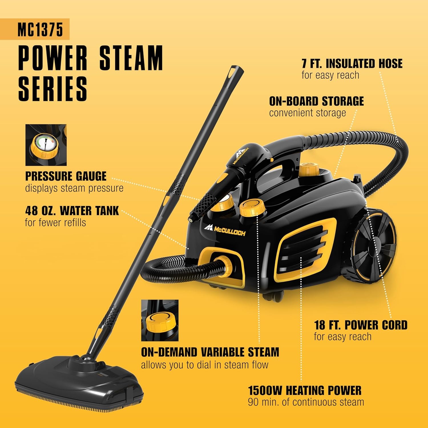 McCulloch MC1375 Canister Steam Cleaner – 90 Min Runtime, 20 Accessories
