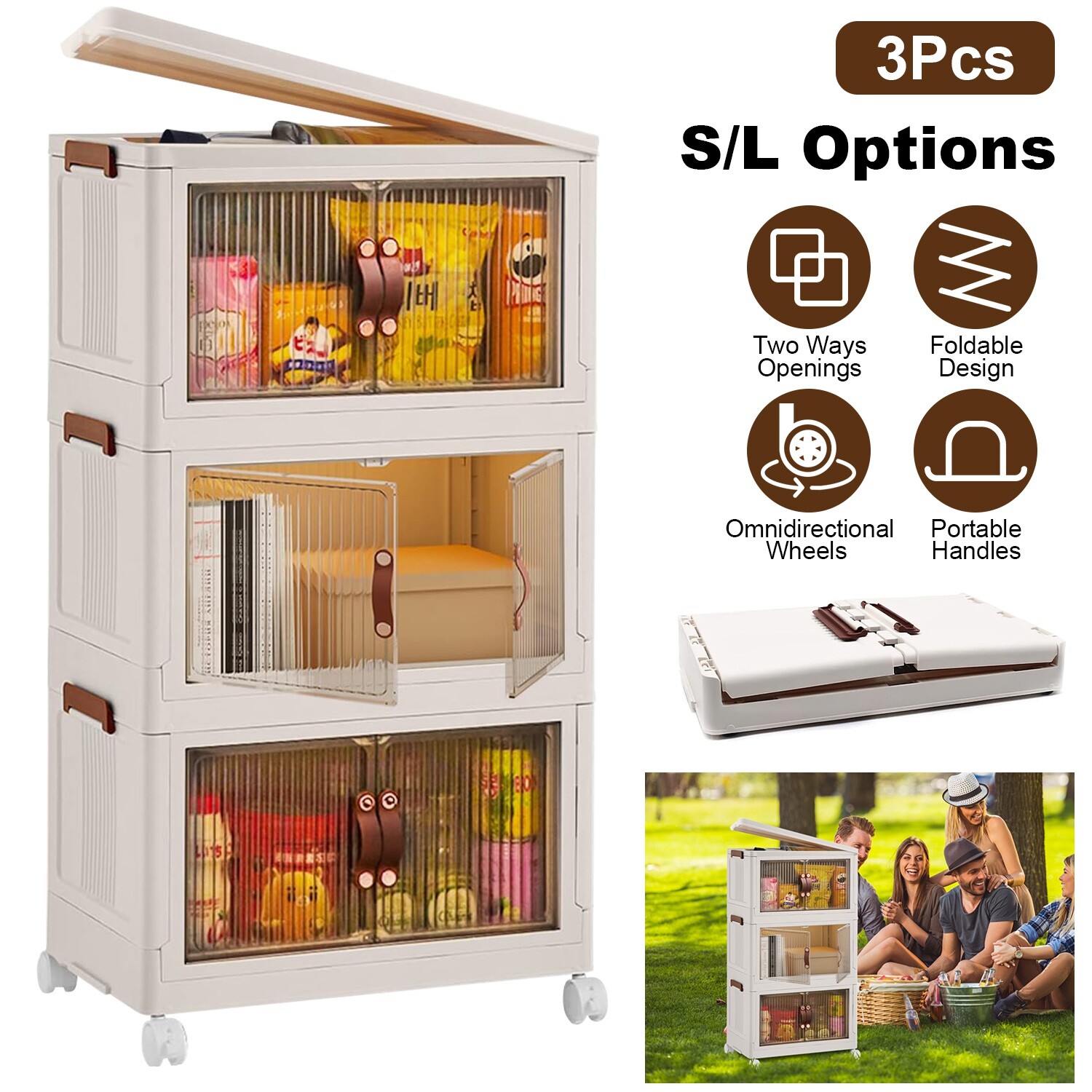 3 Pack Stackable Storage Bins with Wheels & Lids Magnetic Door Plastic Container