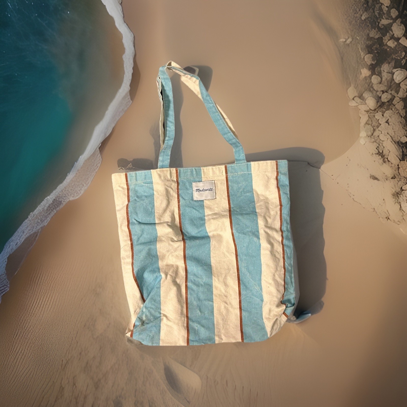 Madewell Canvas Tote Bag 14” x 14” Blue Beige Rust Striped Shopping 100% Cotton