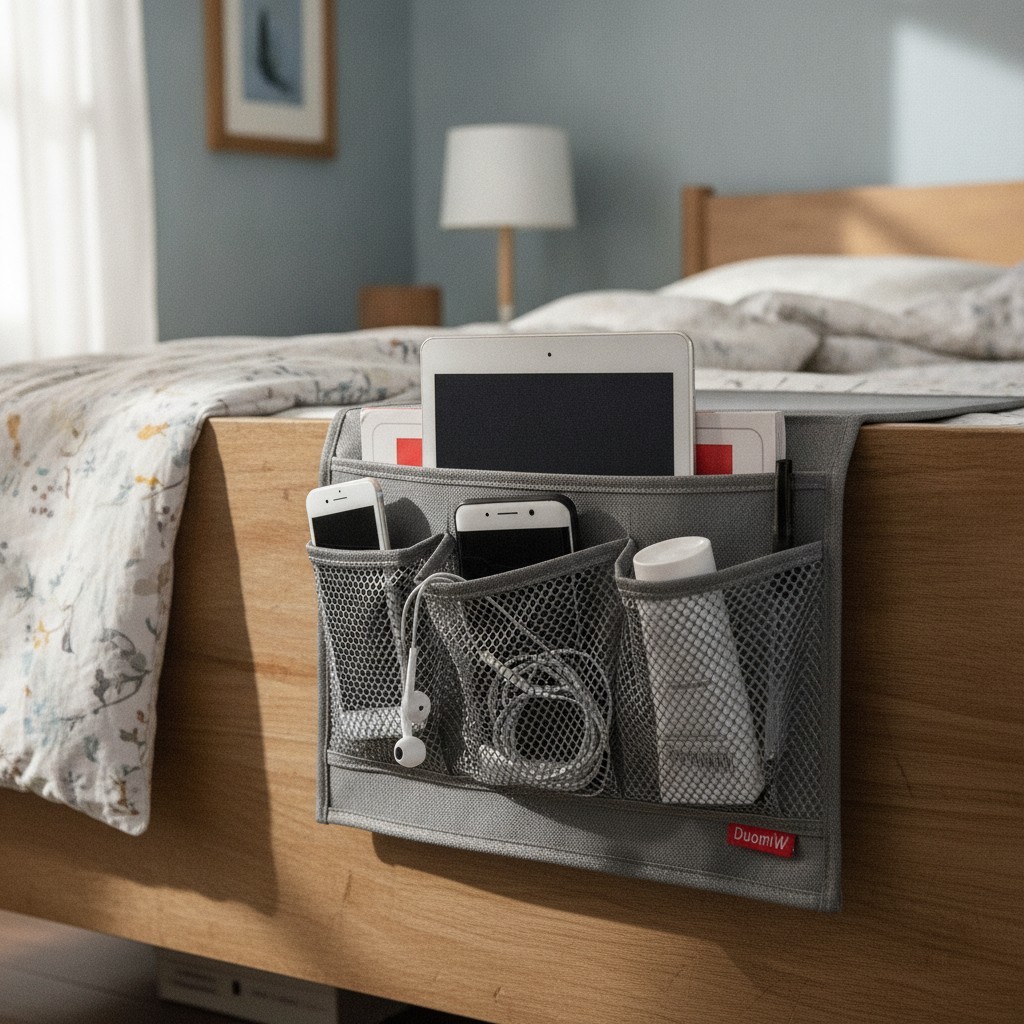 Lightweight Bedside Caddy with 4 Pockets – Elegant Grey Oxford Cloth Design
