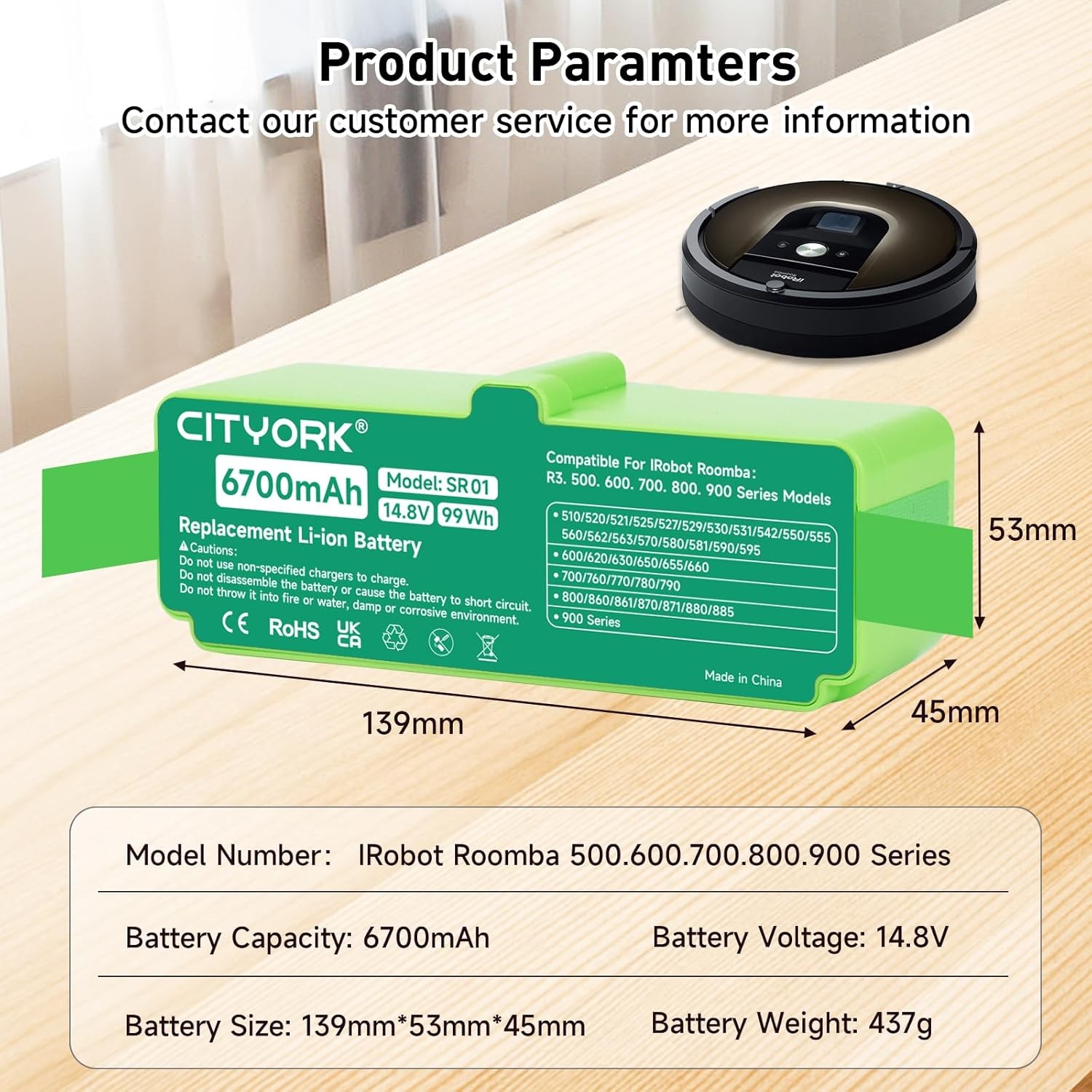 6700mAh Lithium Ion Replacement Battery for iRobot Roomba 960 980 981 970 965