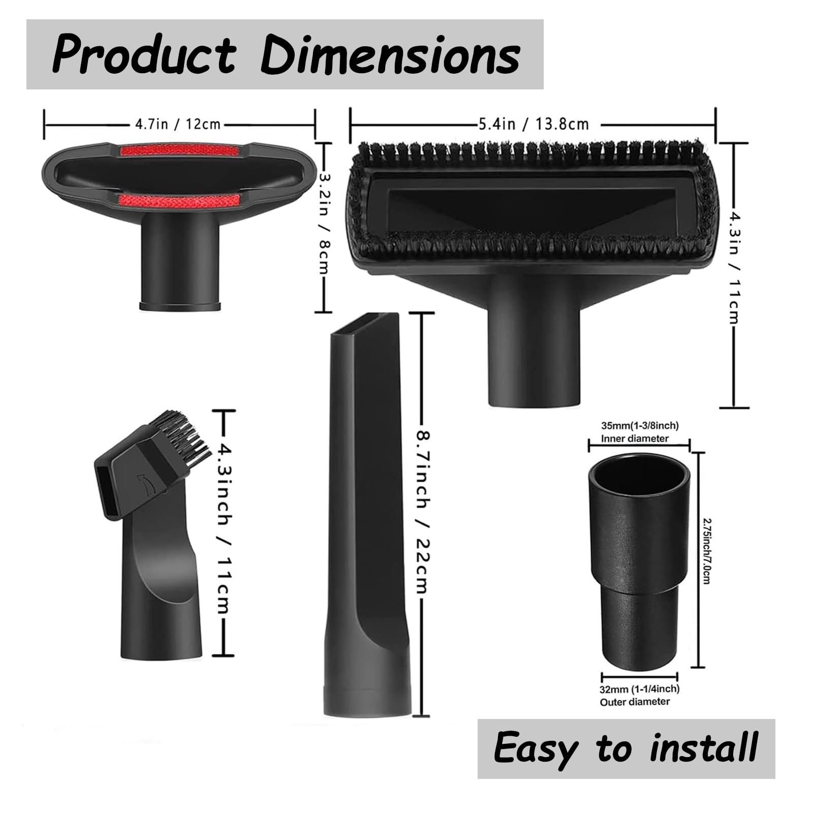 9 Pcs Universal Shop Vac Accessories Kit 1 1/4 inch & 1 3/8 32mm, 35mm, Black