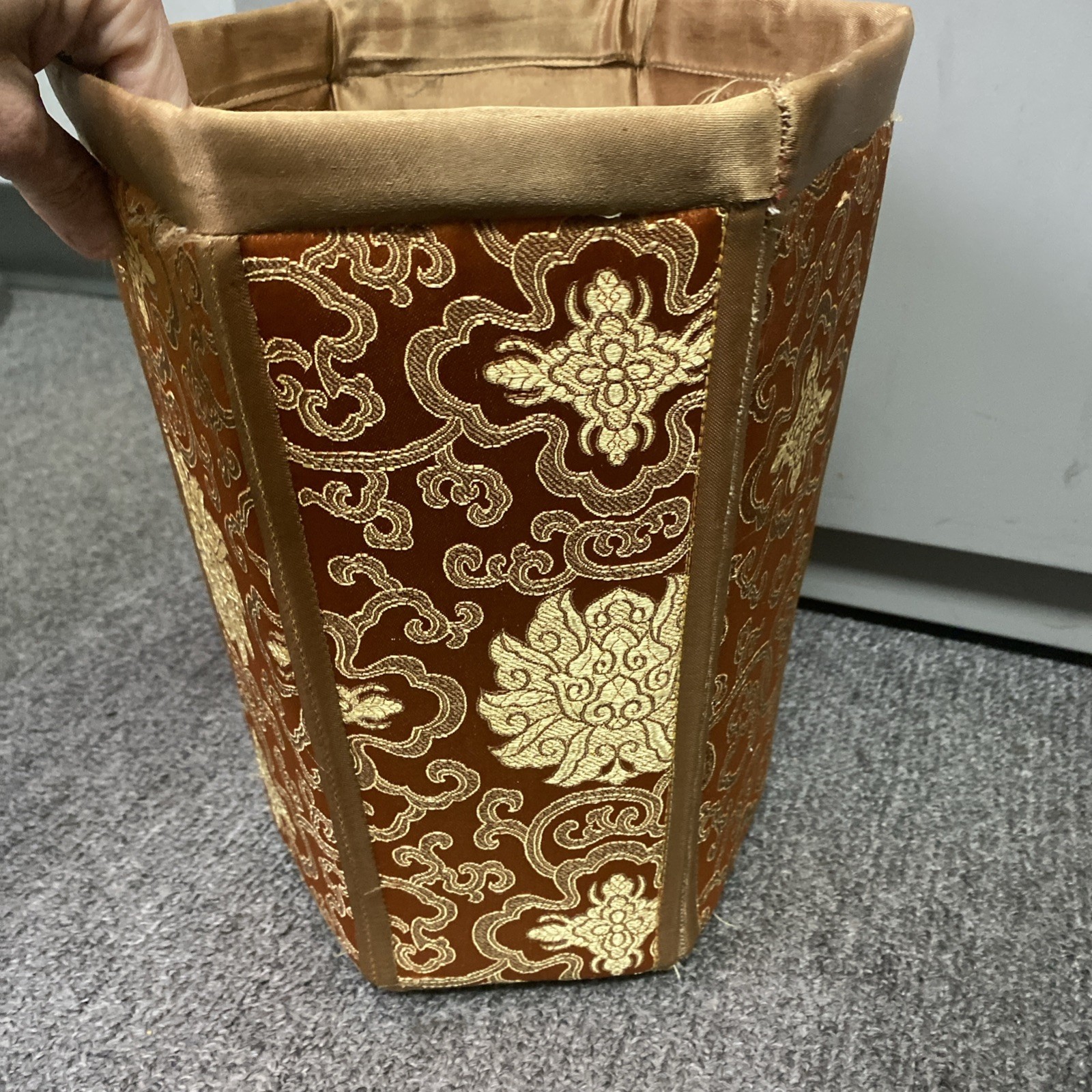 VTG Chinese Silk Brocade Hexagonal Waste paper Trash Basket Mcm 11.5x9x8″