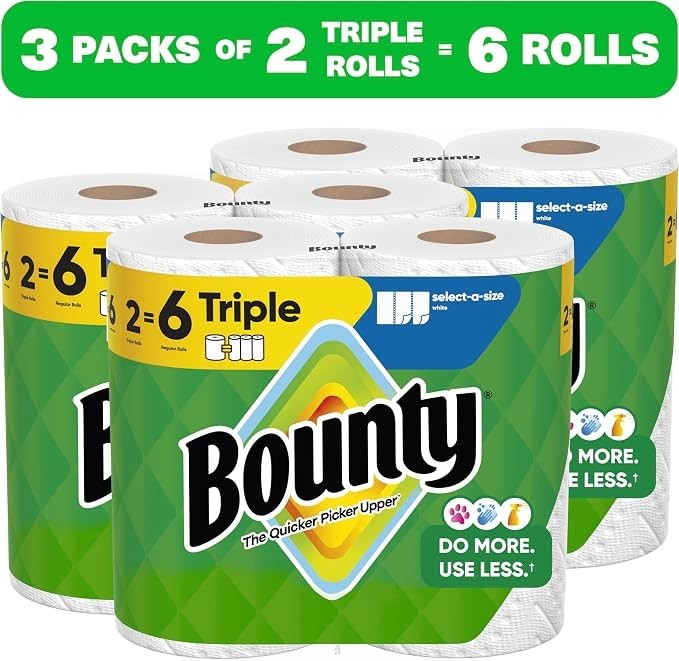 Bounty Paper Towels Select-A-Size White, 6 Triple Rolls, 123 Sheets Per Roll
