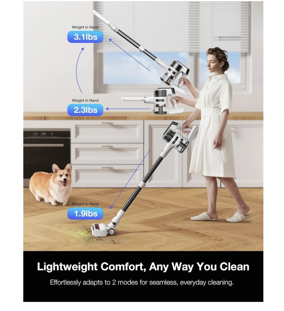 Moosoo Cordless Vacuum Cleaner, 55 mins max runtime, 23KPa Suction S5 Mate