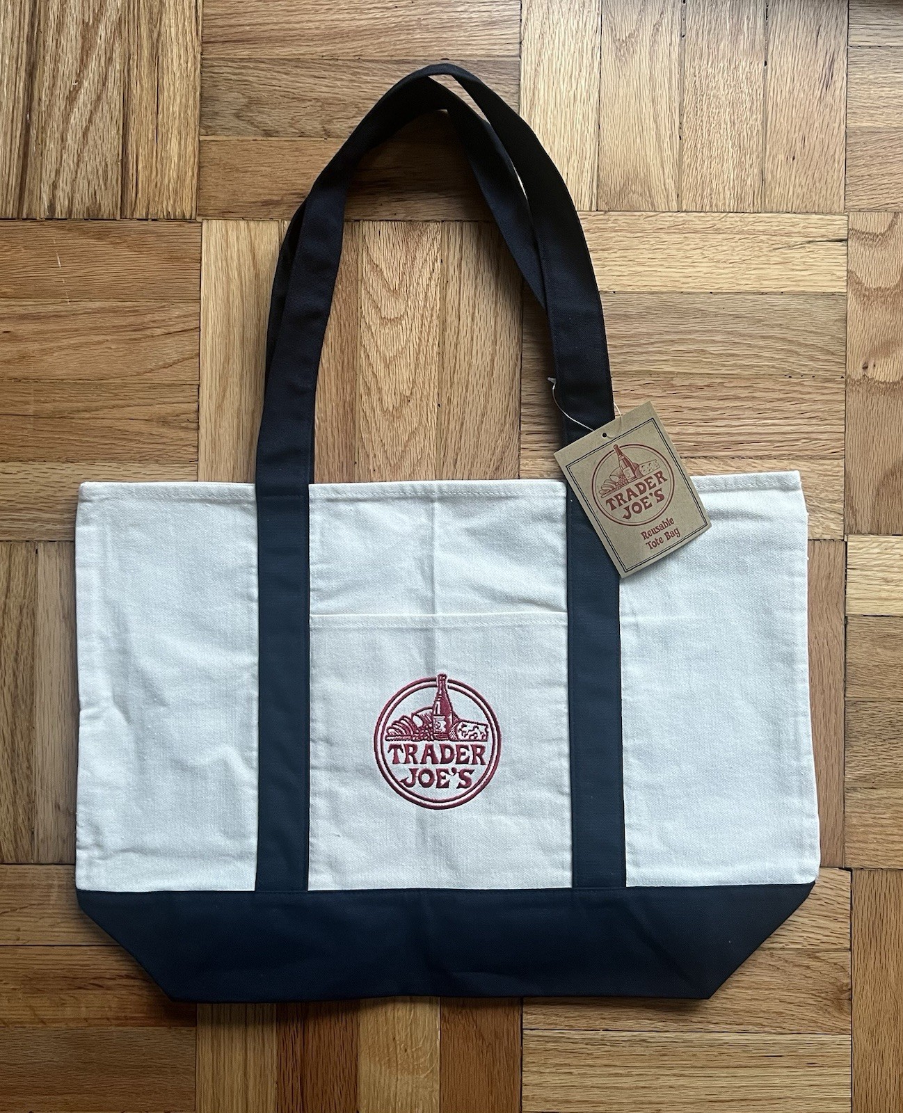 TRADER JOE’S ICONIC REUSABLE CANVAS NAVY BLUE TOTE BAG, HEAVY DUTY,NEW WITH TAGS