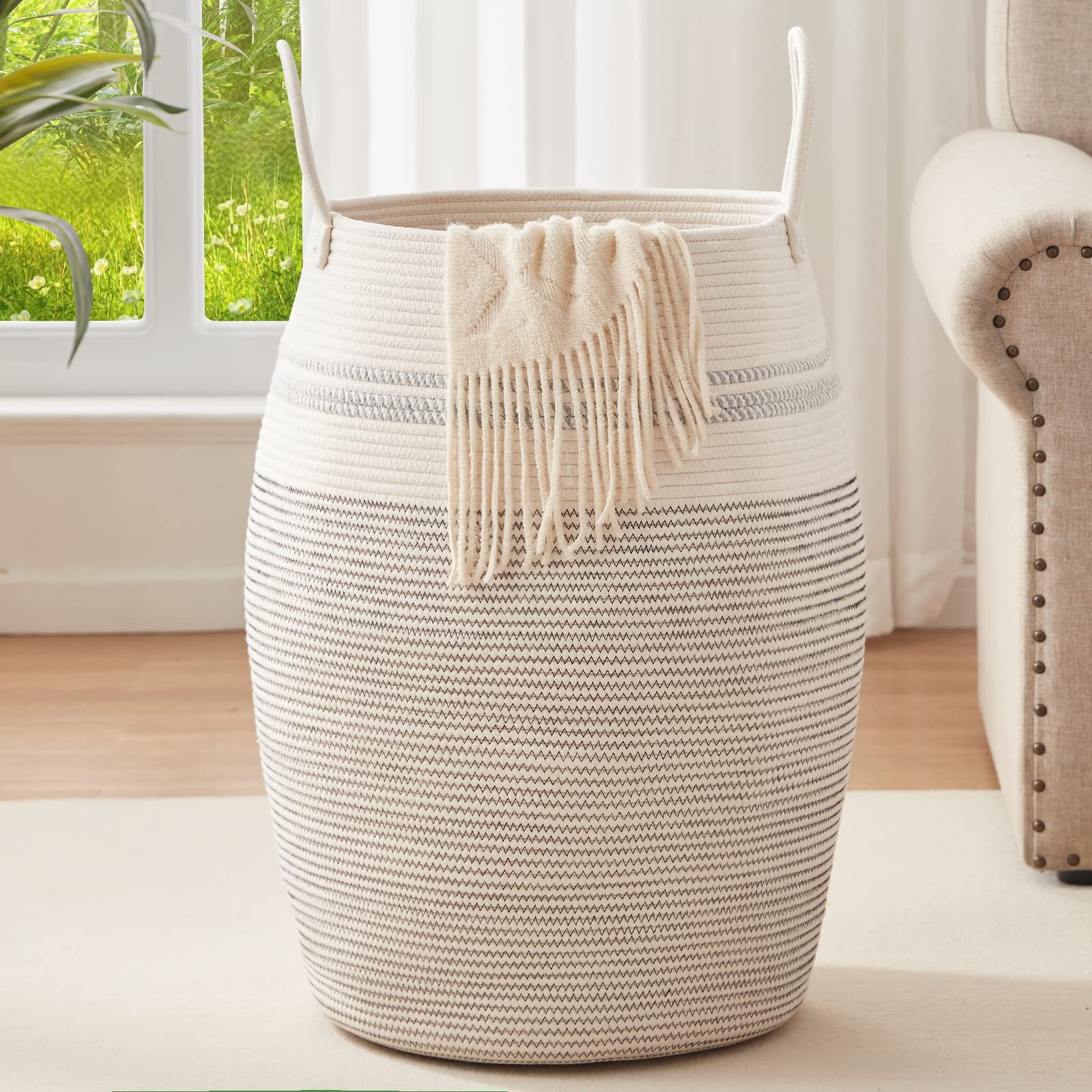 Laundry Hamper Woven Cotton Rope Large Clothes Hamper 25.6″ Height Tall Laund…
