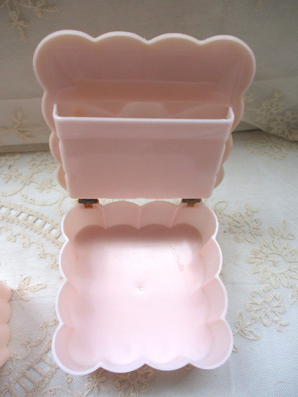 Vintage 1950s Menda Co Pink Ribbed White Rose Bathroom Wastebasket & Vanity Set