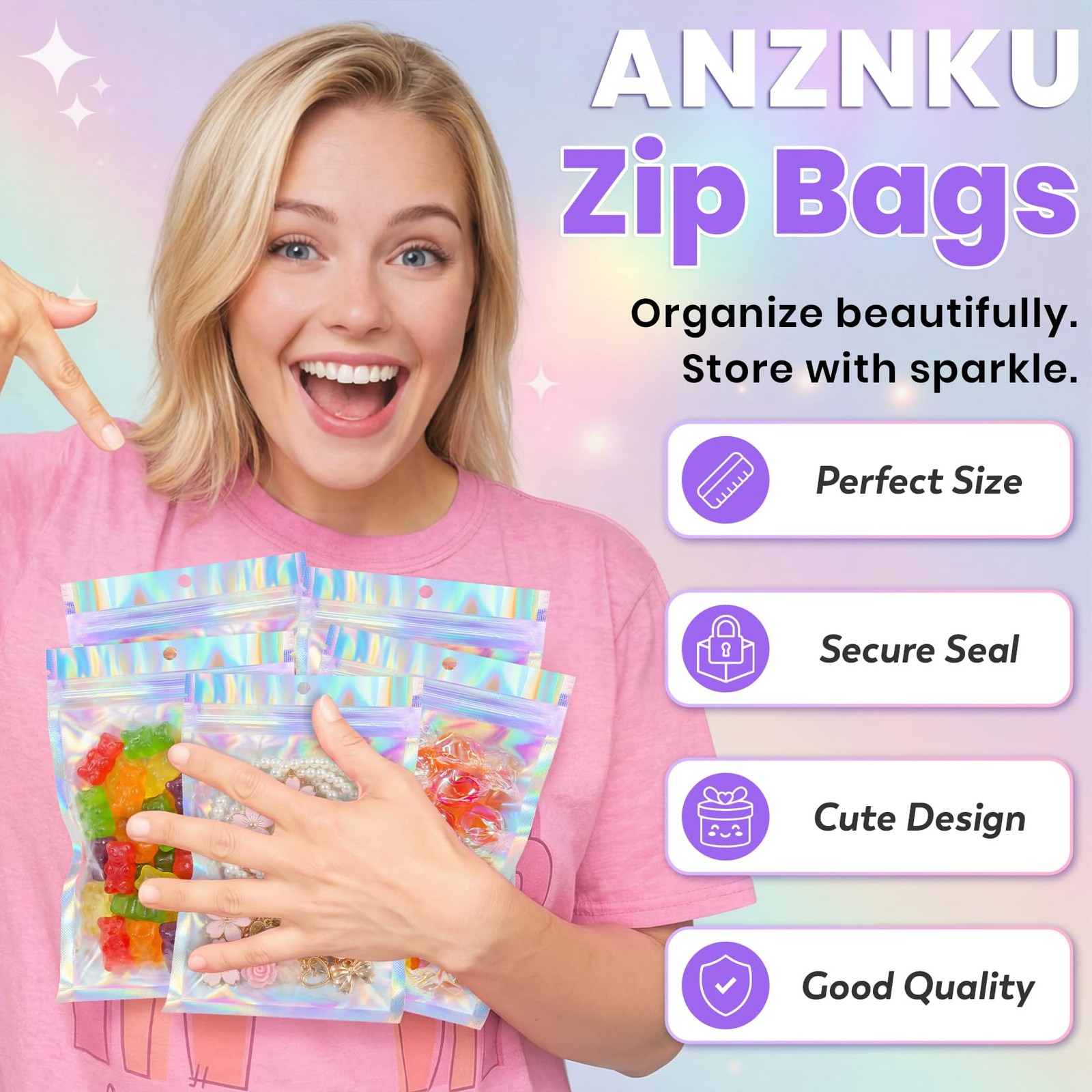 ANZNKU Holographic Bags 5×7 Mylar Resealable Inch,