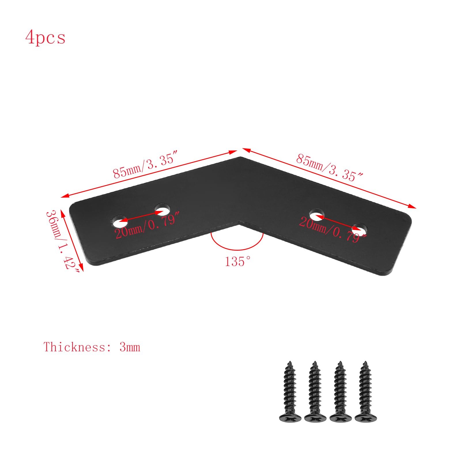 4 PCS 135 Degree 3mm Carbon Steel Angle Bracket 3.35×3.35×1.42 Inch Plate