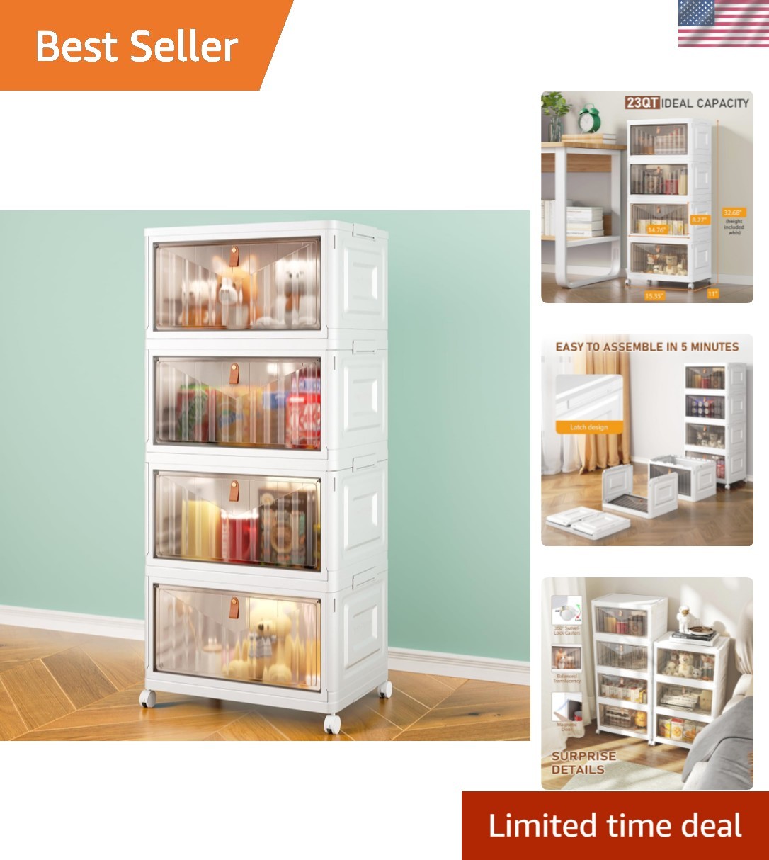 4 Tier Storage Bins with Lids, 23QT Stackable Closet Organizers and Storage w…