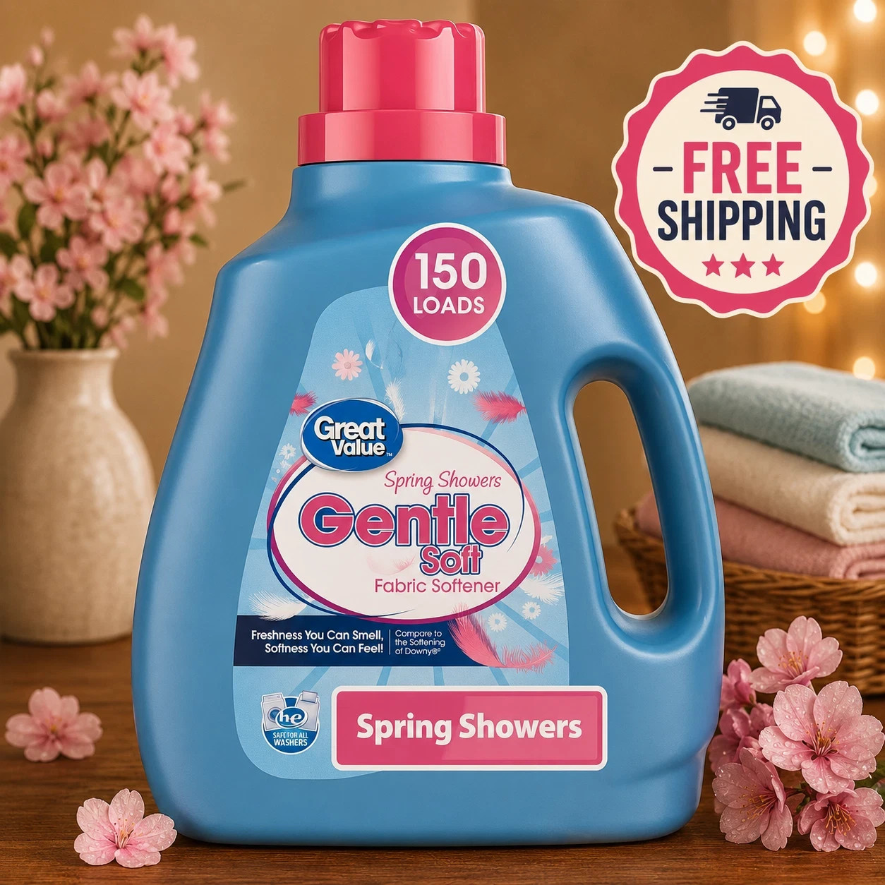 Great Value Gentle Soft Fabric Softener Spring Showers 111oz 150 Loads