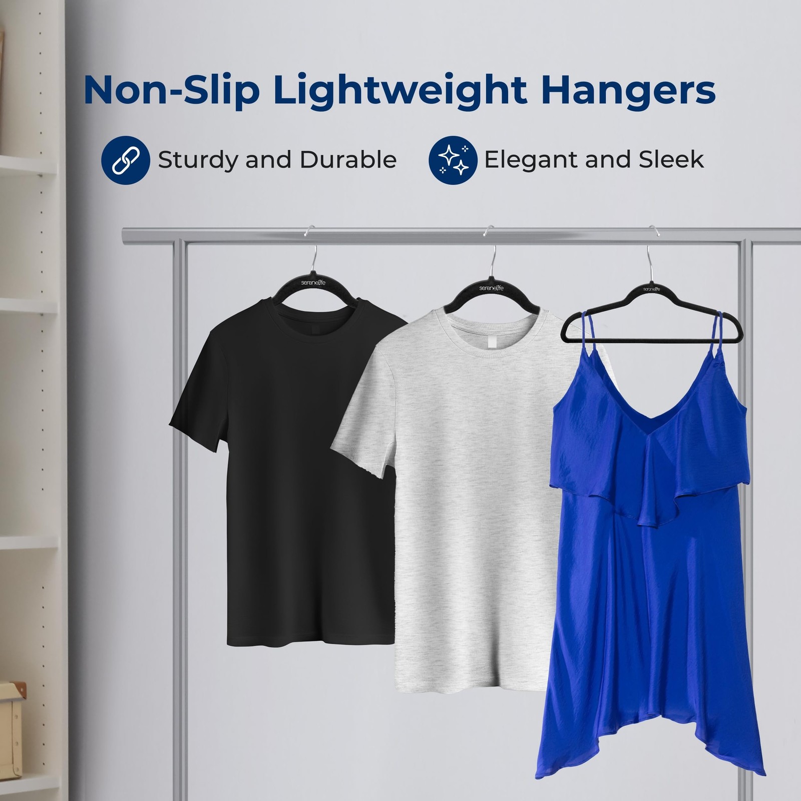 SereneLife SLHVEL1150 Non-Slip Velvet Hangers 150 Pieces Black 360 Swivel Hook