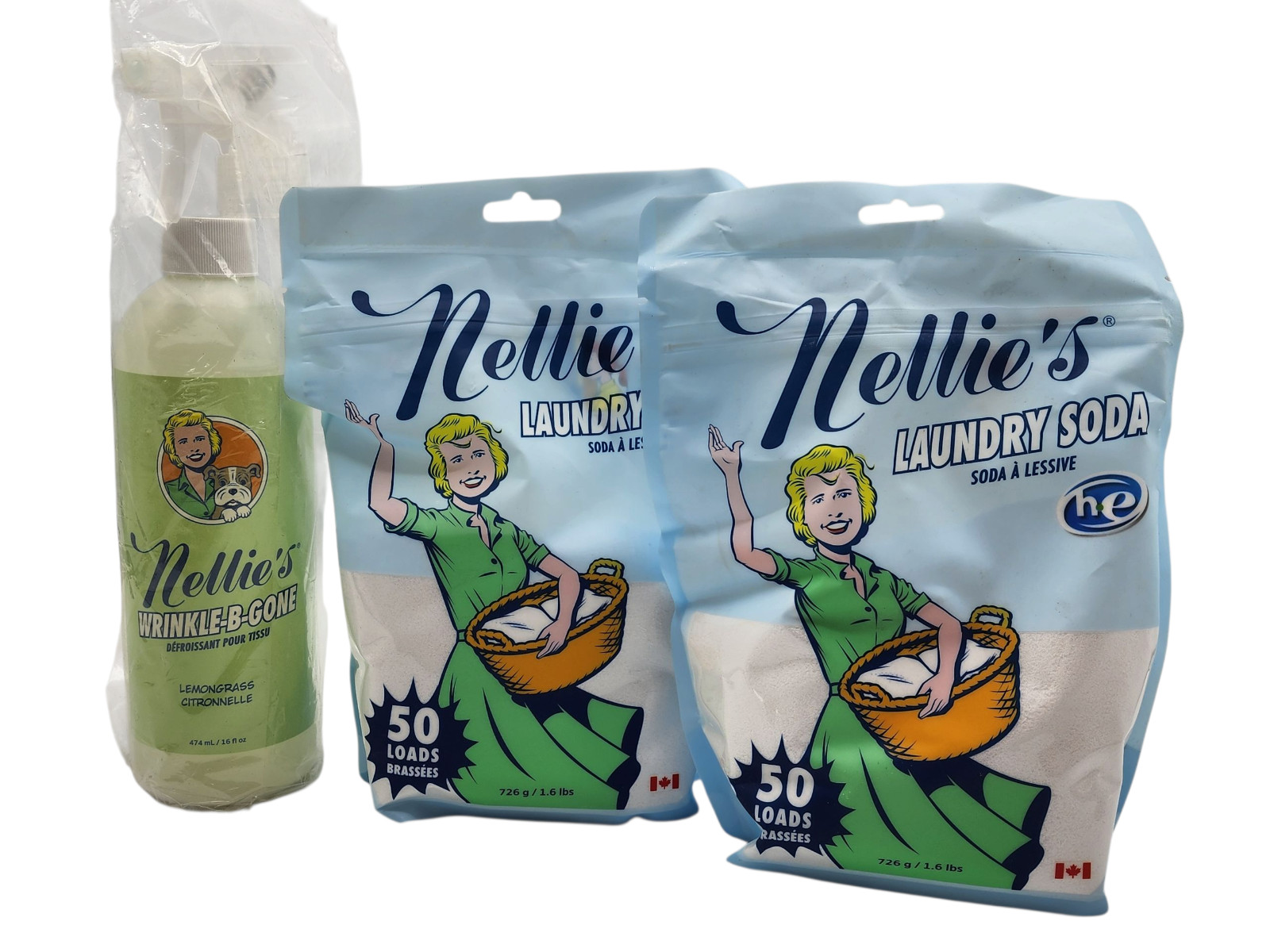 Nellie’s 2 pack 1.6 lb 50 Load Laundry Soda + Wrinkle-B-Gone 16 oz – NEW 3 PC