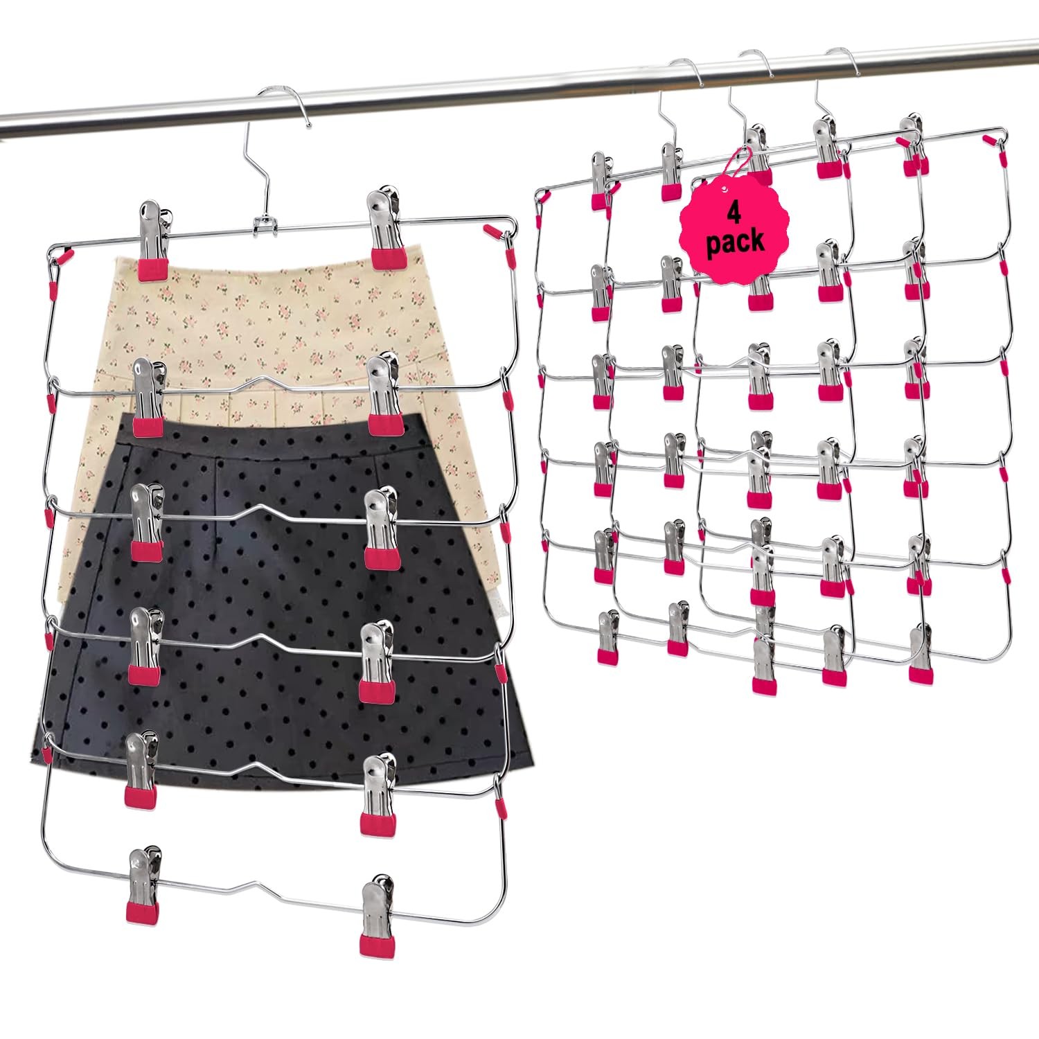 Skirt Pants Hangers with Clips,6Tier Space 12 x 13 inches, Rose