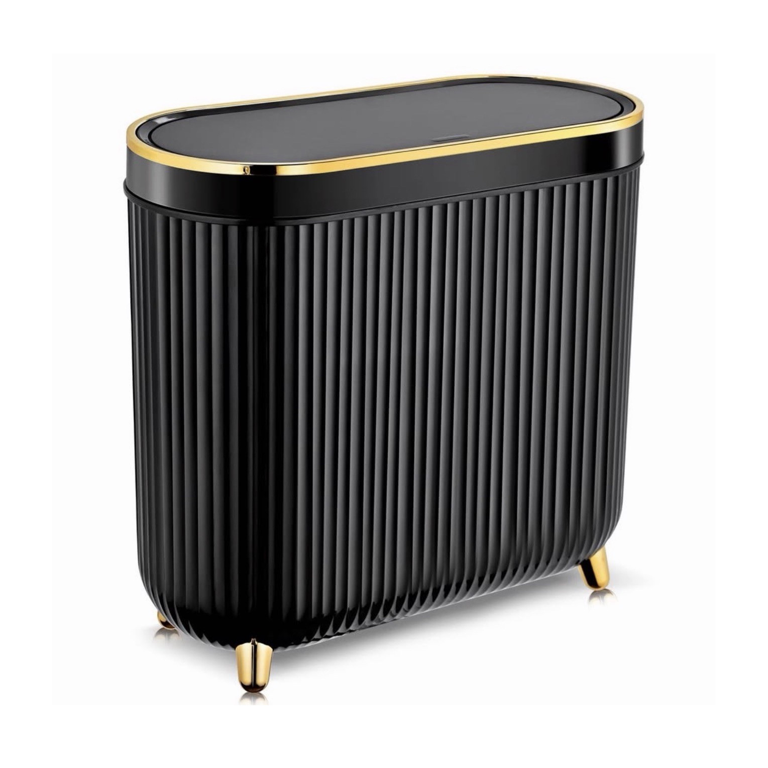 Modern Slim Oval Black and Gold Wastebasket Matte Plastic Less Than 5x14x6 in