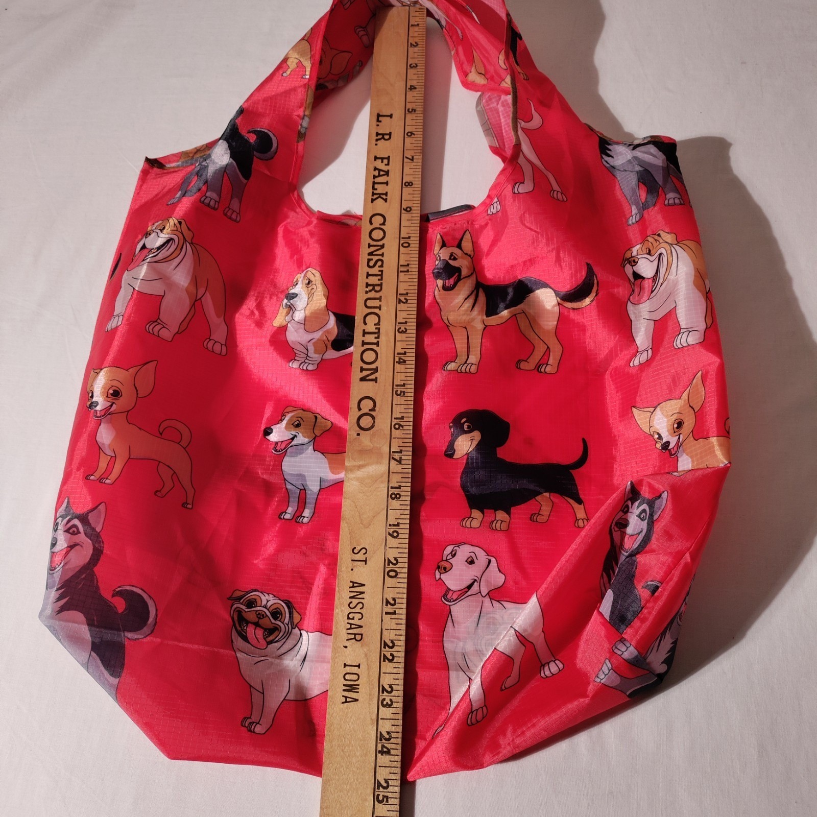 BeeGreen Reusable Nylon Shopping Tote Red Bag with Dogs All Over