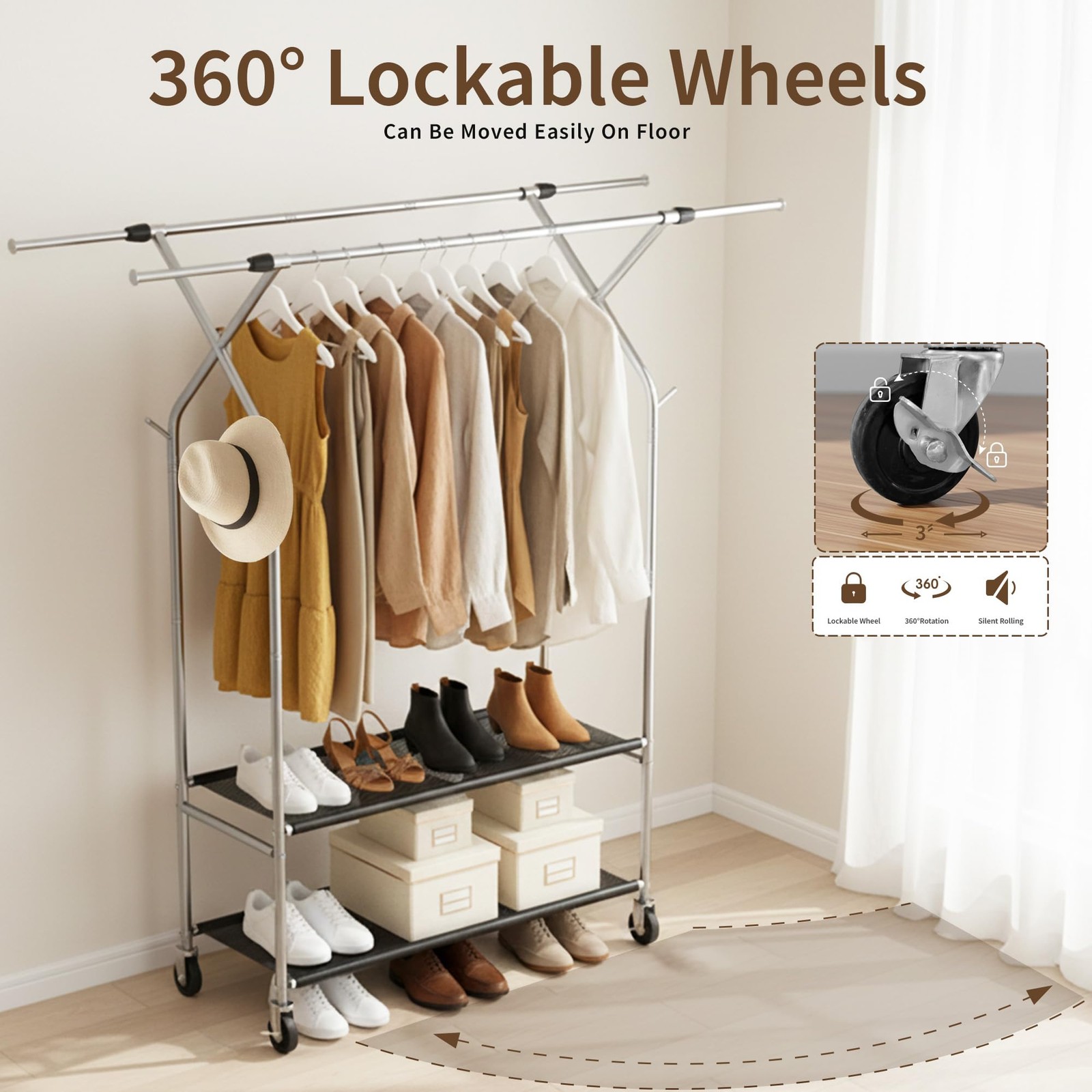 Heavy Duty Clothes Rack,Double Rods Clothing Rack for Hanging Clothes,Rolling