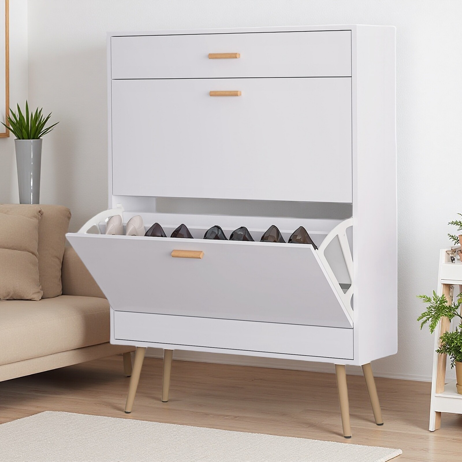 White 2 Flip Drawers Shoe Cabinet, Luxury Shoe Storage & Shoe Rack