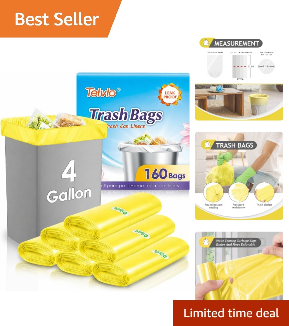 Durable 4 Gallon Yellow Trash Bags with Star Seal – 160 Count for All Waste