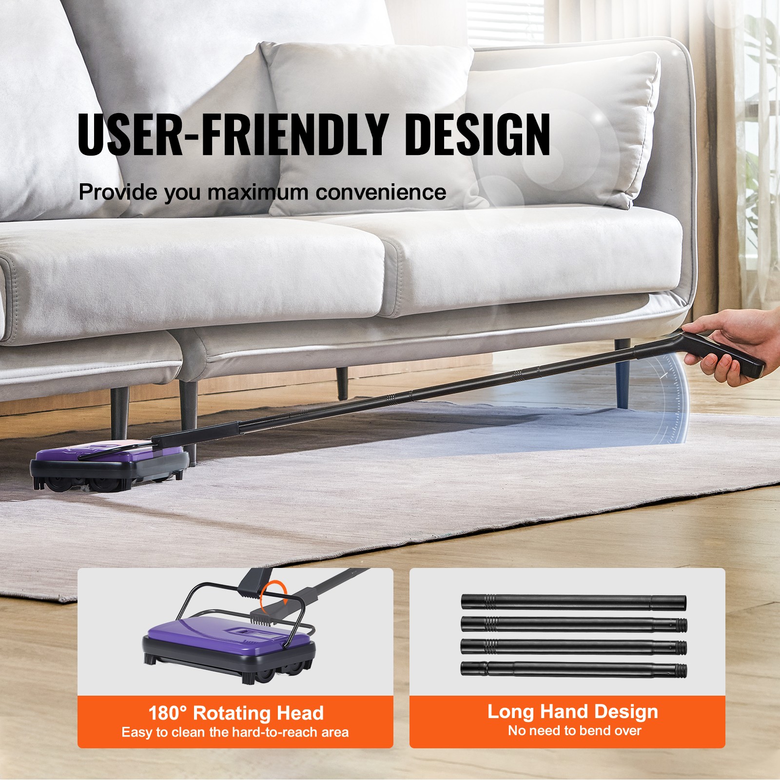 VEVOR Carpet Floor Sweeper Manual 6.7 inch Width Sweeping Paths Non Electric