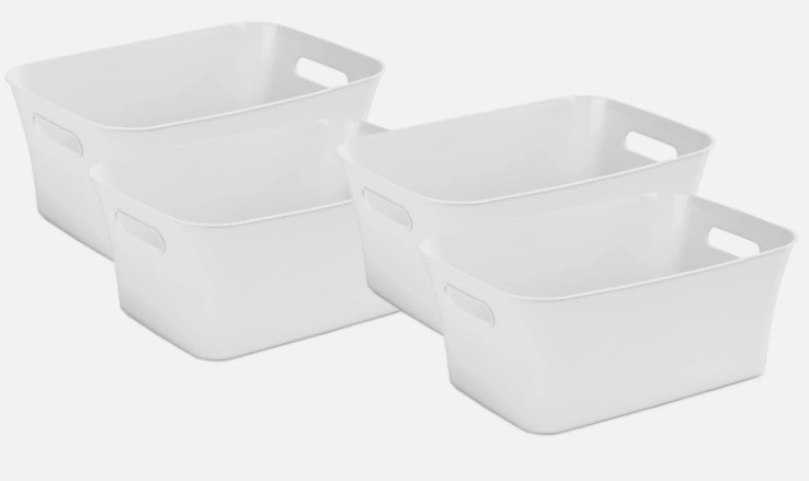 Mainstays Medium White Plastic Storage Bin, 13.8 in x 9.5 in x 5.8 in (4 Pack)