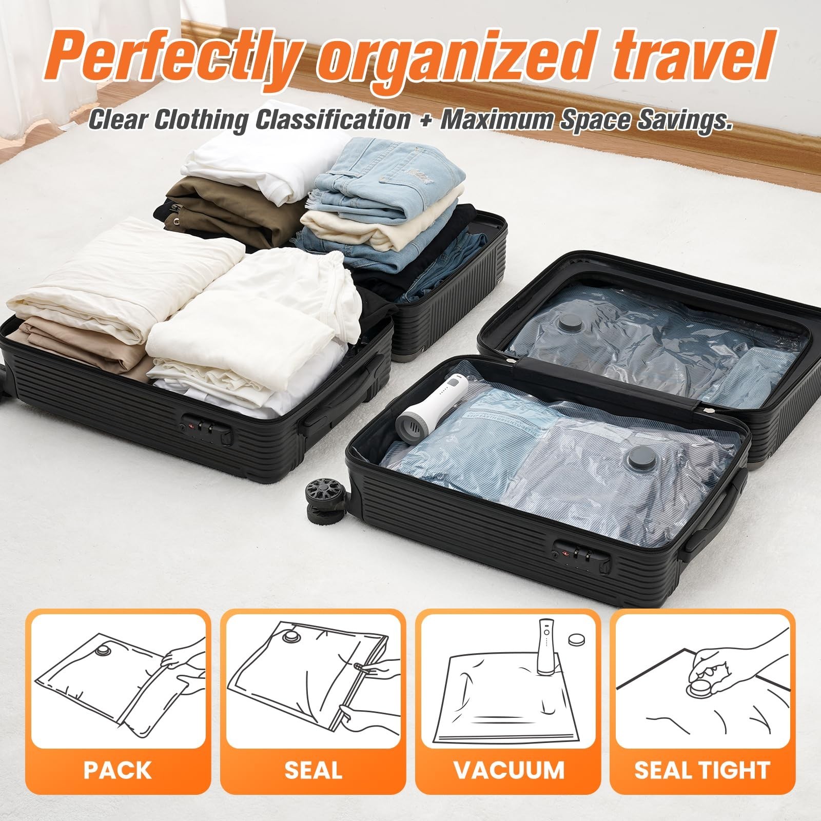 15 Pack Vacuum Storage Bags with Pump, Space Saver Compression Bags for Travel