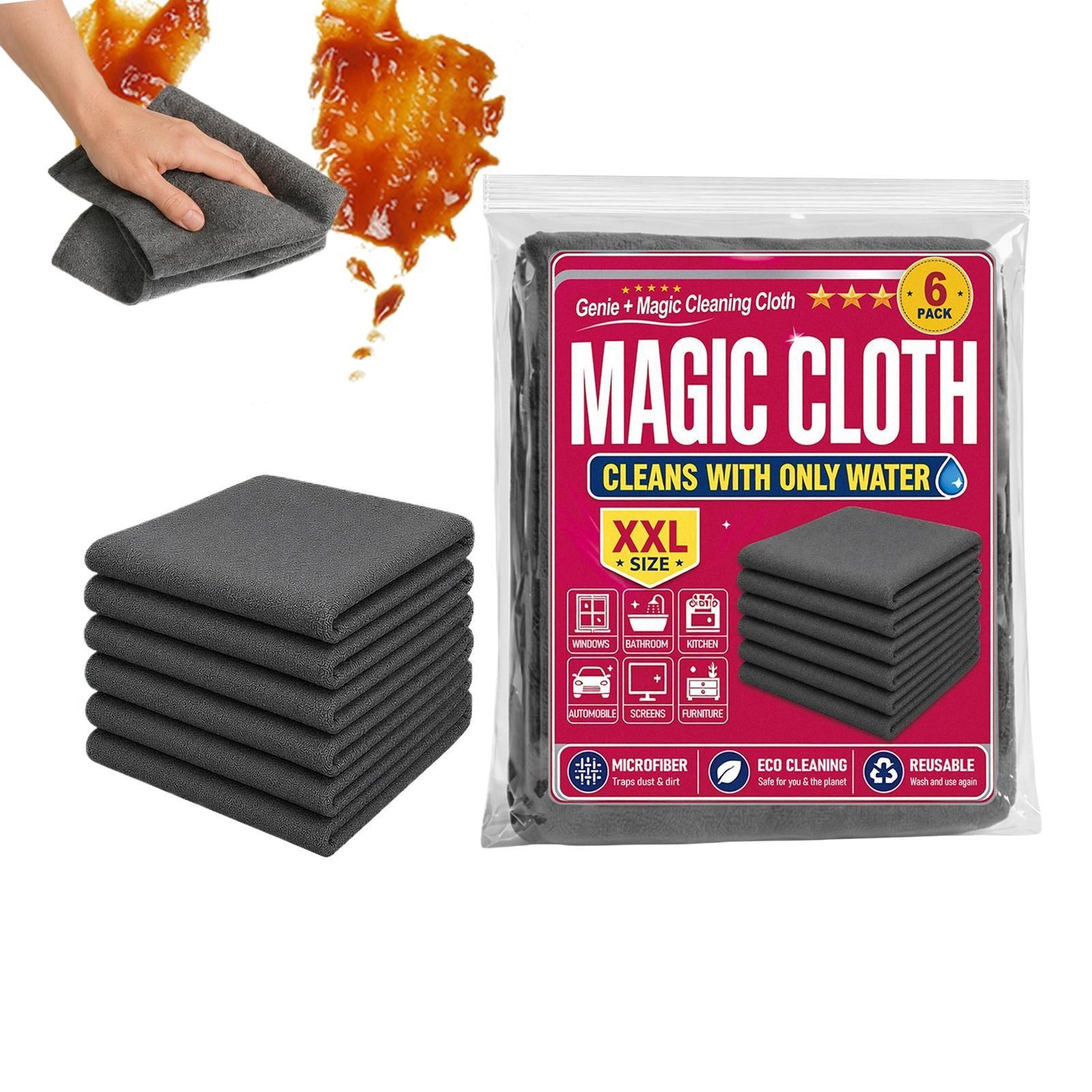 Genie Magic Cleaning Cloth, 6 Pack Microfiber Cleaning Cloths, Streak-Free & Lin