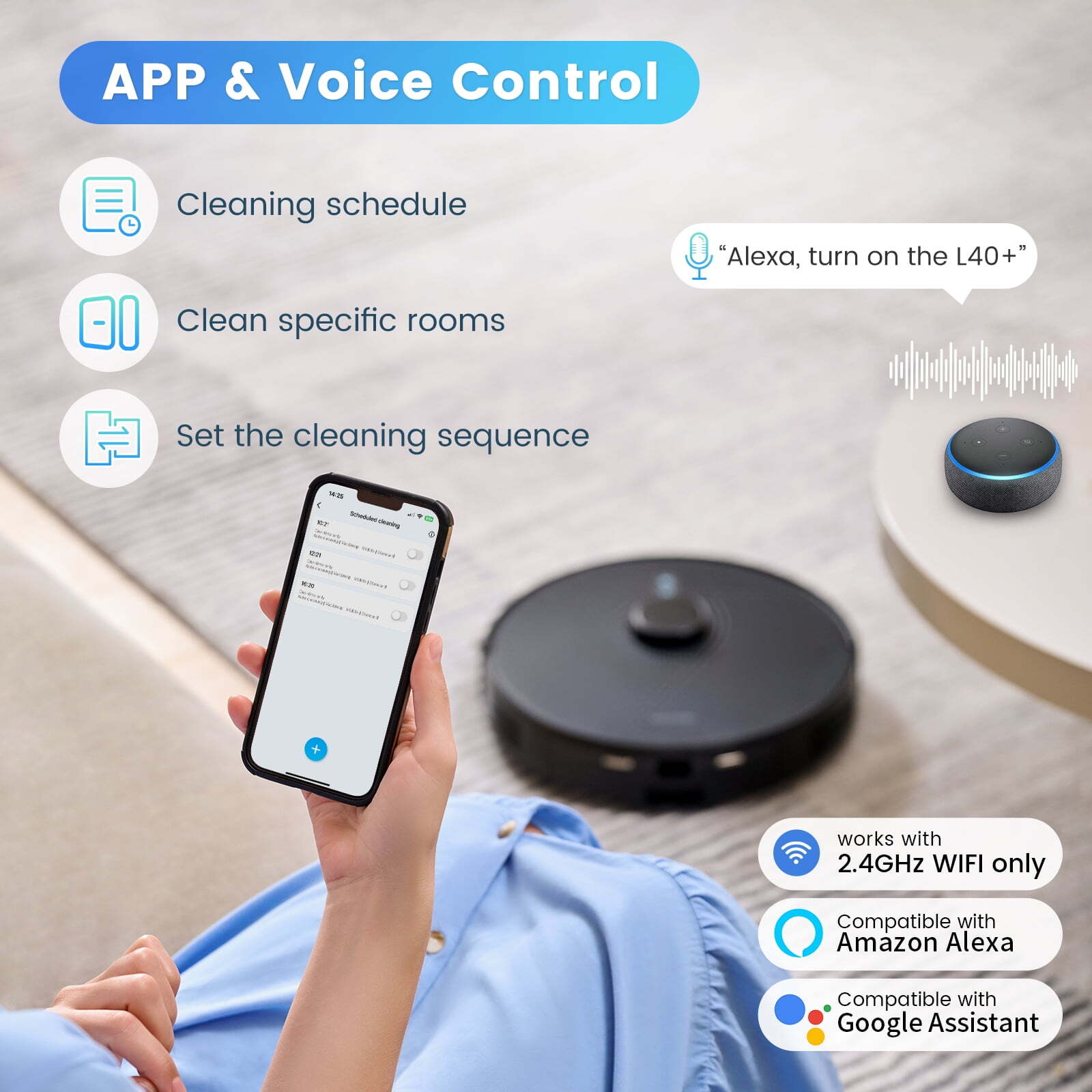 Robot Vacuum Cleaner, 60 Days Self-Empty Bin, 180 Min Runtime, APP Voice Control
