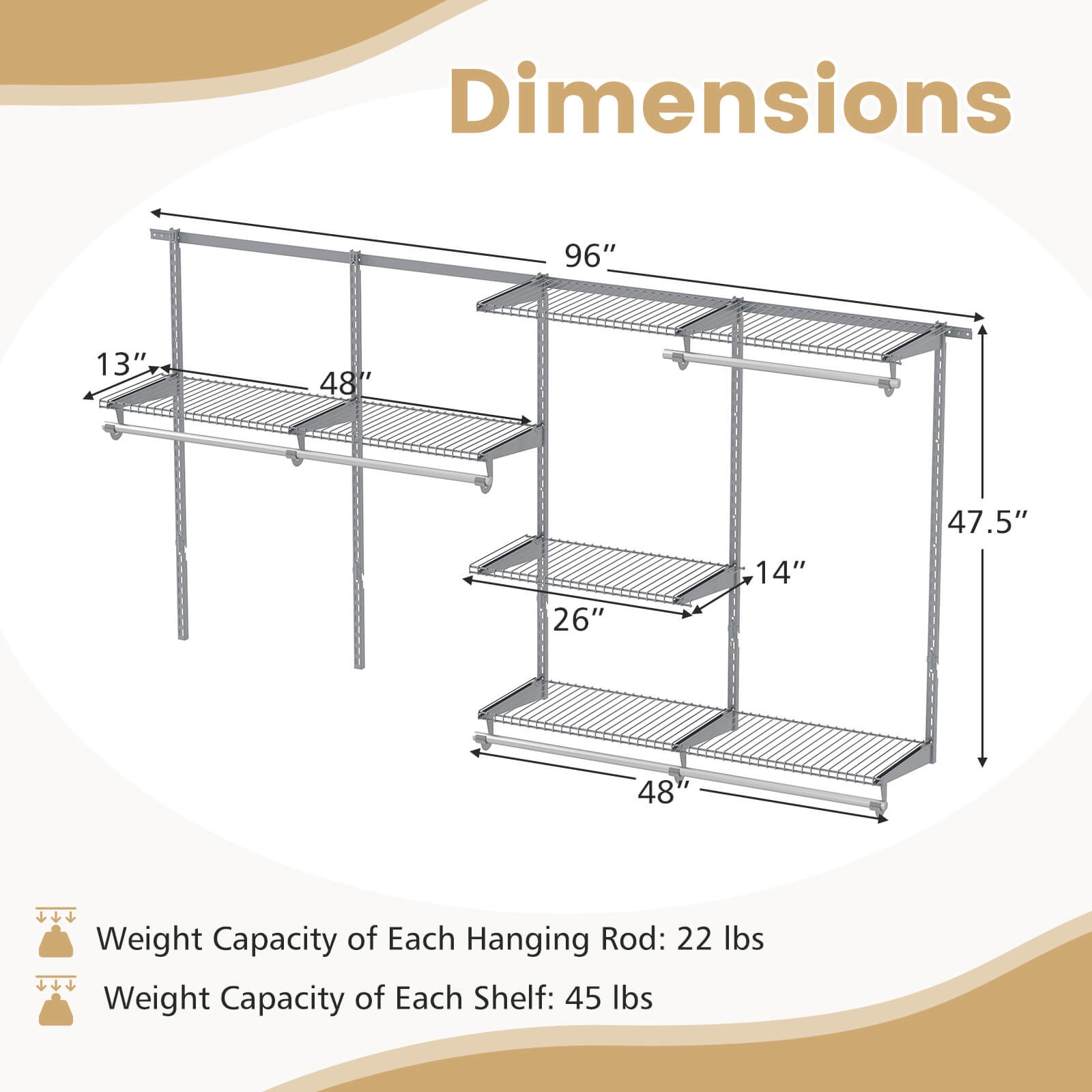 4-8 FT Wall-Mounted Closet Organizers and Storage System w/ Hanging Rod