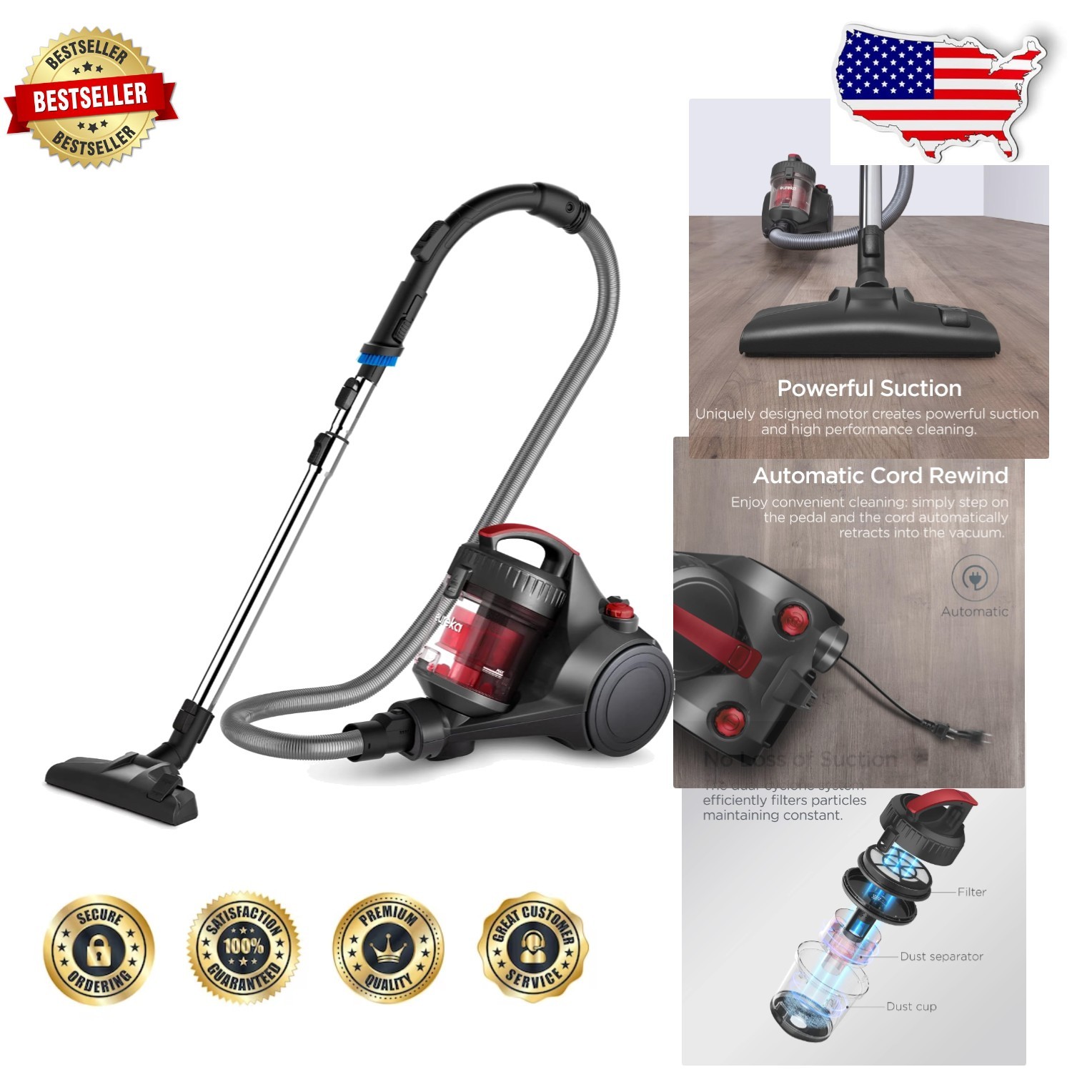 Lightweight WhirlWind Canister Vacuum Cleaner – Red, HEPA, 960W, Multi-Surface