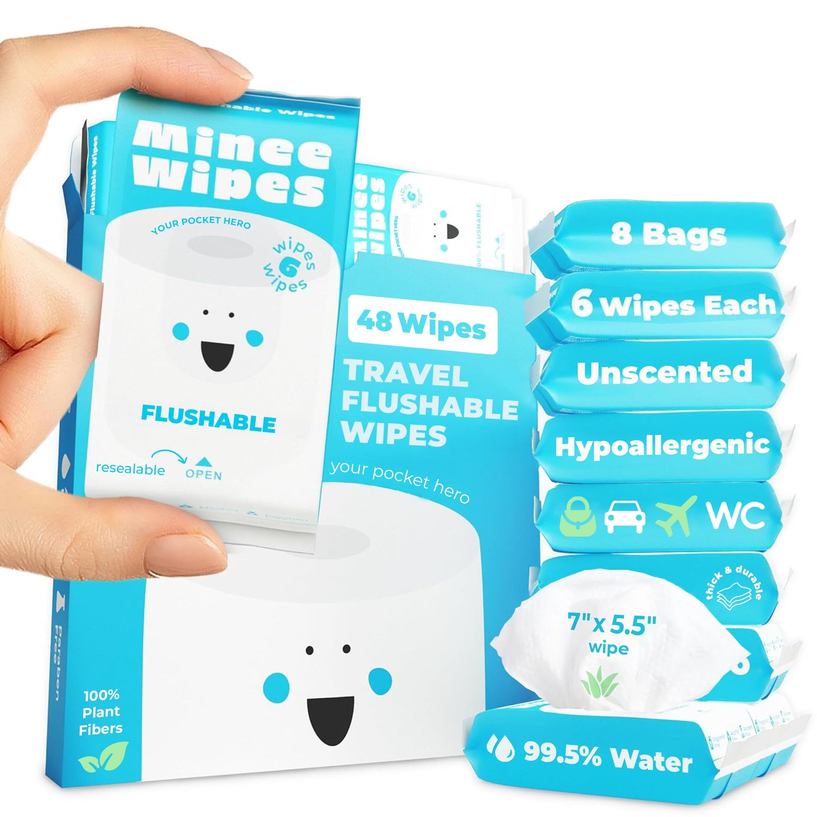 Impossibly Compact Travel Flushable Wipes – 99.5% Water 6 Count (Pack of 8)