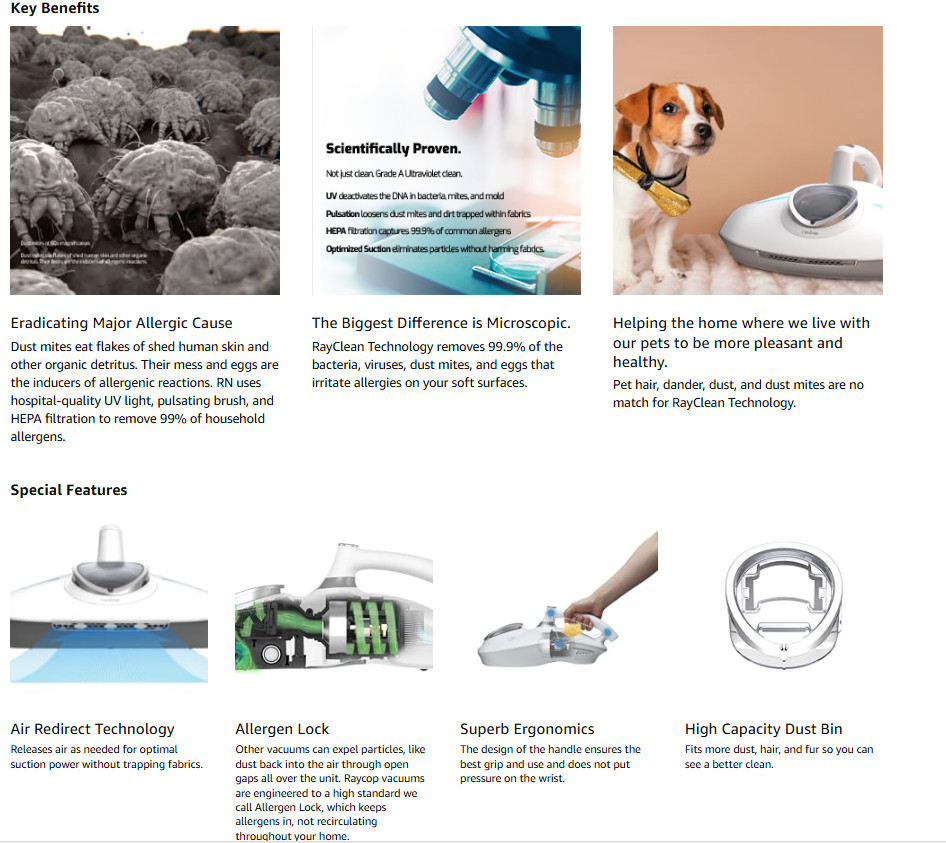 RAYCOP RN UV+ Sanitizing HEPA Allergen Vacuum Removes Dust Mite Bacteria Virus