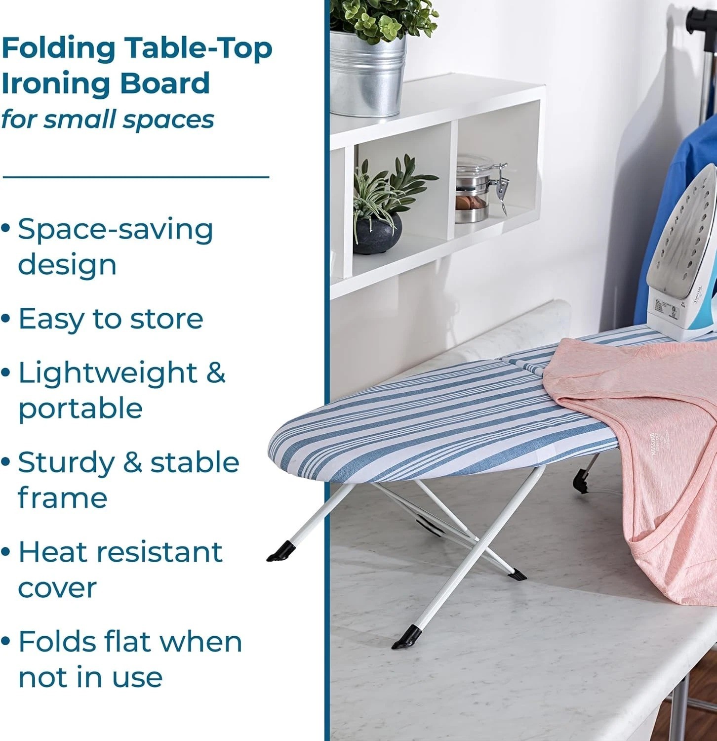 Folding Tabletop Ironing Board with Iron Rest, Blue, 32” L X 12” W, Steel Frame