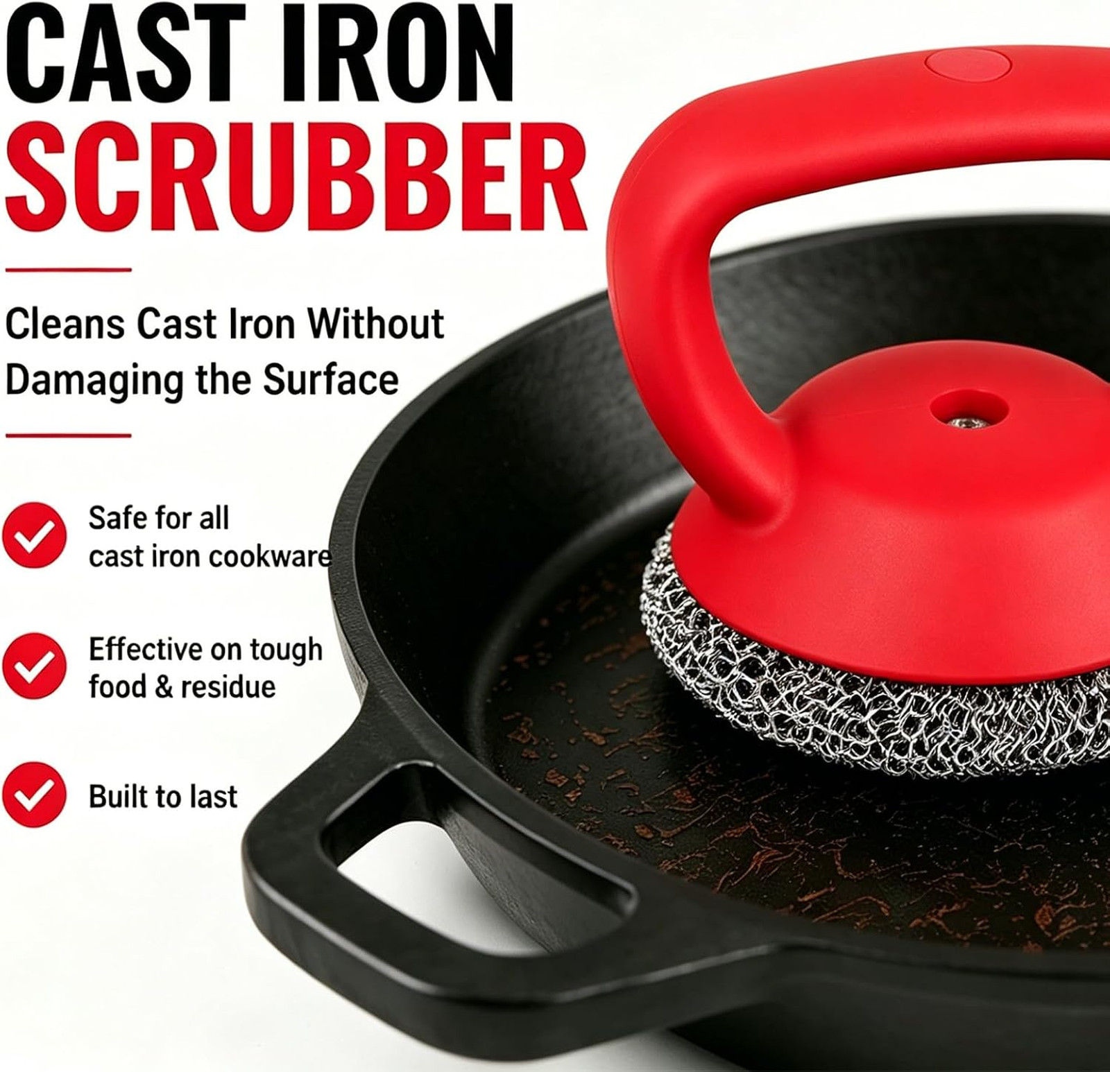 Cast Iron Scrubber Heavy Duty Handle 3mm Fine Ring Kitchen Cleaning Tool Red