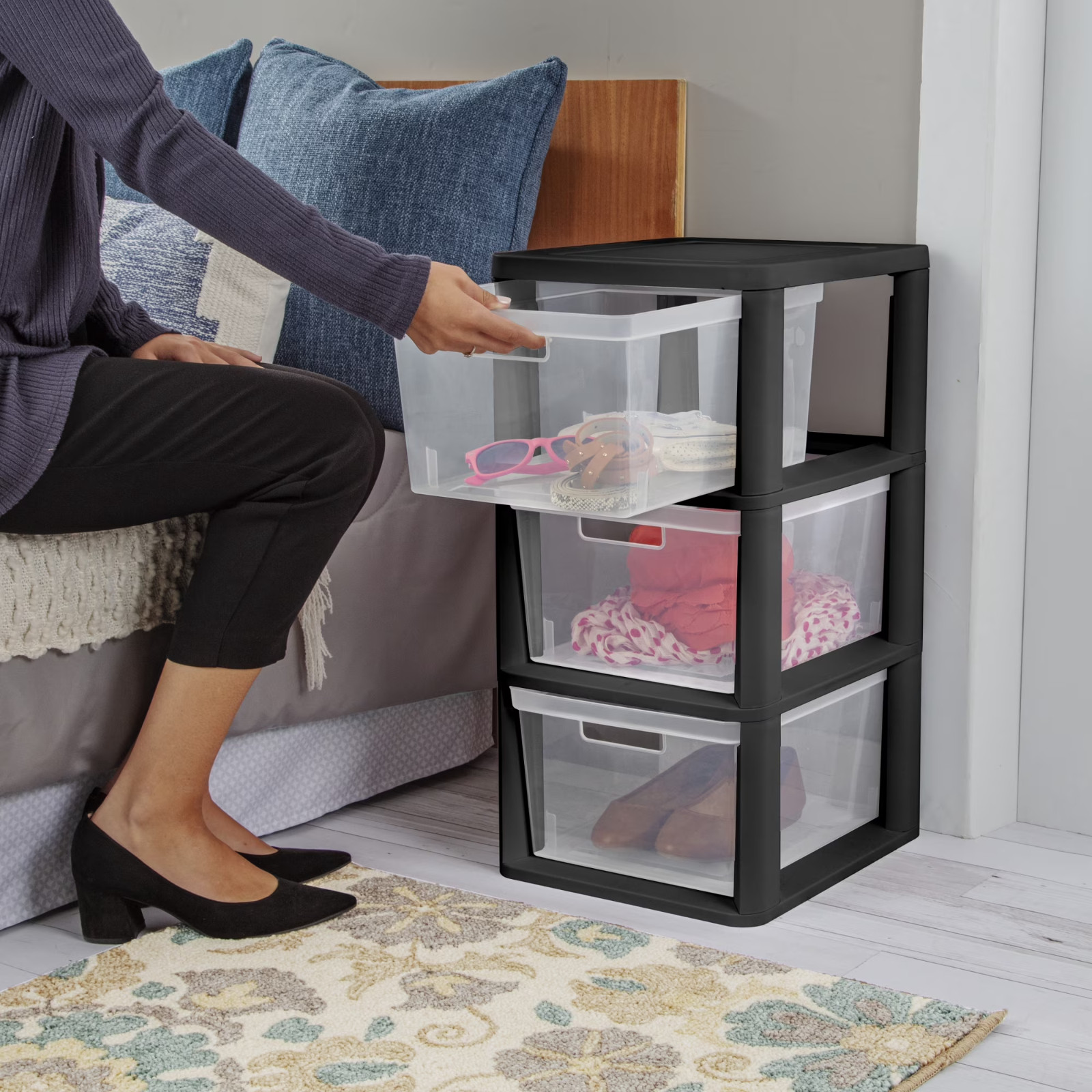 (2 pack) Sterilite 3 Drawer Tower Plastic Storage Organizer Black