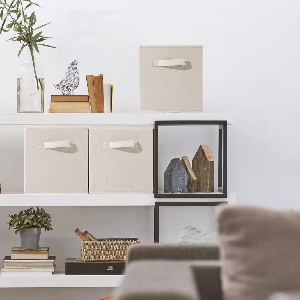 Foldable Storage Cubes with Handles Beige 10.5 In. X 11 In. Fabric Decorative Ba