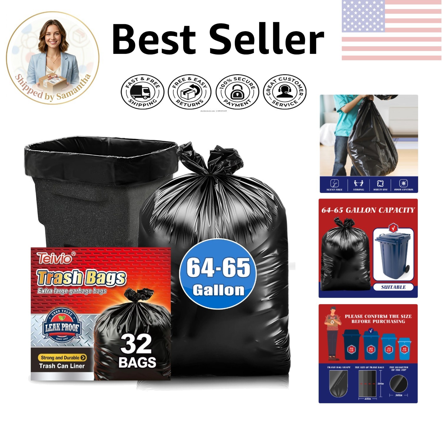 Extra Large Black Garbage Bags 64-65 Gallon, 32 Count for Yard and Construction