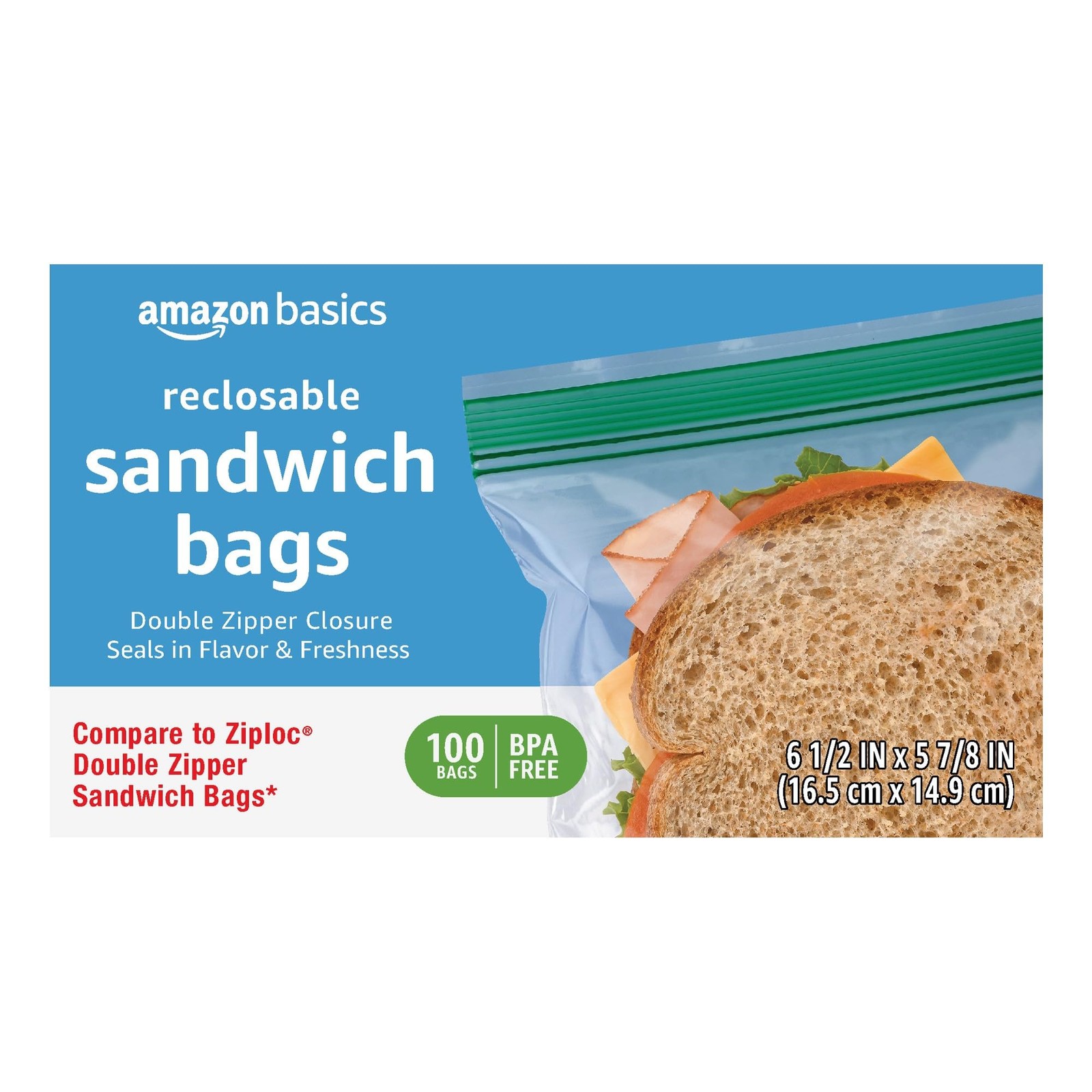 Amazon Basics Reclosable Double Zipper Sandwich 100 Count (Pack of 1), clear