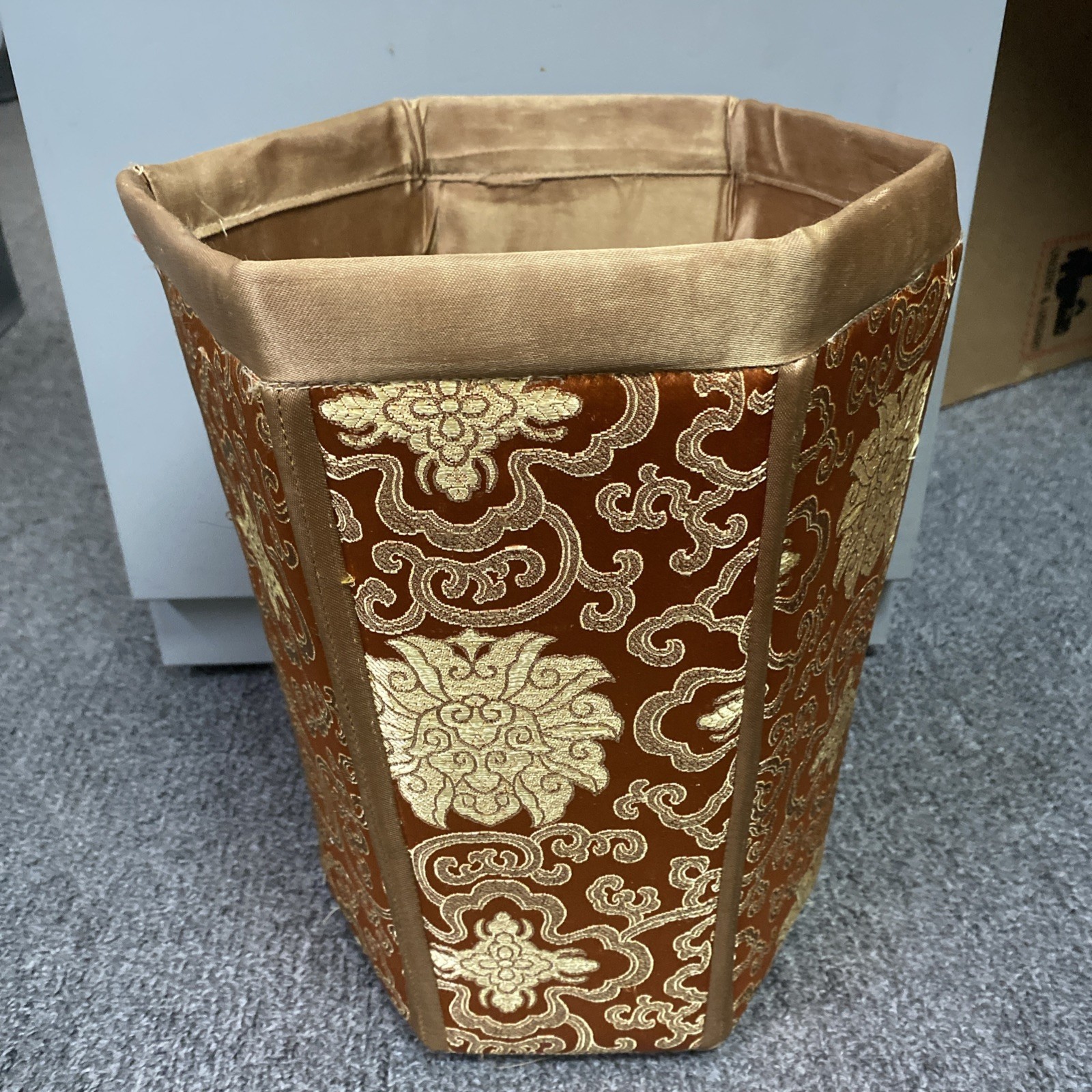 VTG Chinese Silk Brocade Hexagonal Waste paper Trash Basket Mcm 11.5x9x8″