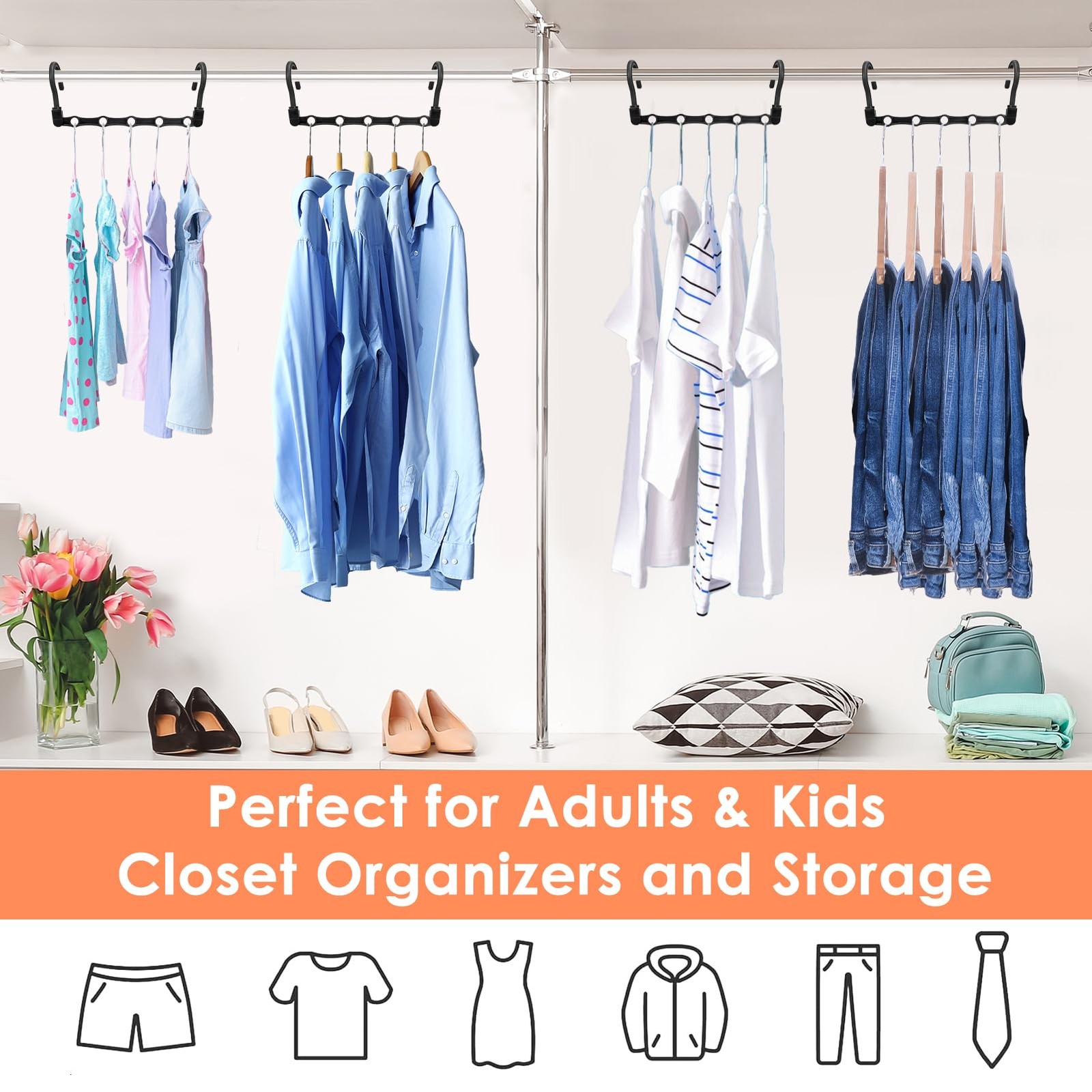 Closet Organizers and One Size, Multicolor 12 Pack Hangers for 60 Clothes
