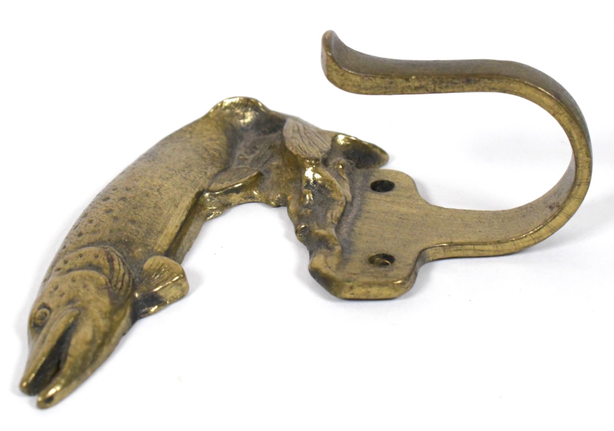 Vtg Pike Fish Solid Brass Wall Mount Coat Hat Hook Hanger Man Cave