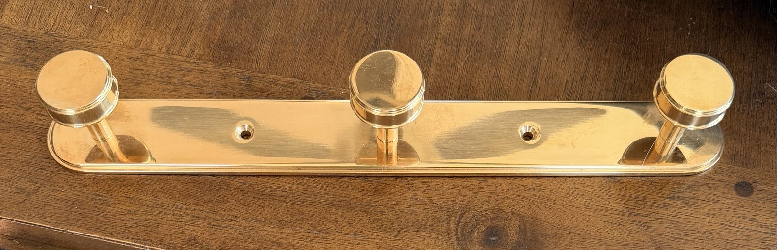 12” LADD Unlacquered Solid Polished BRASS 3 Hook COAT/HAT RACK WALL MOUNT