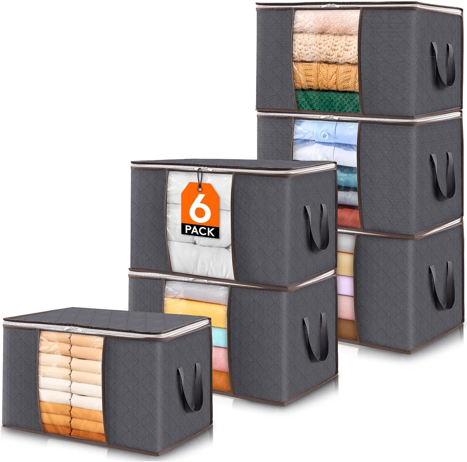 Paquete de 6 cajas de almacenamiento plegables con tapa y cierres para ropa gris