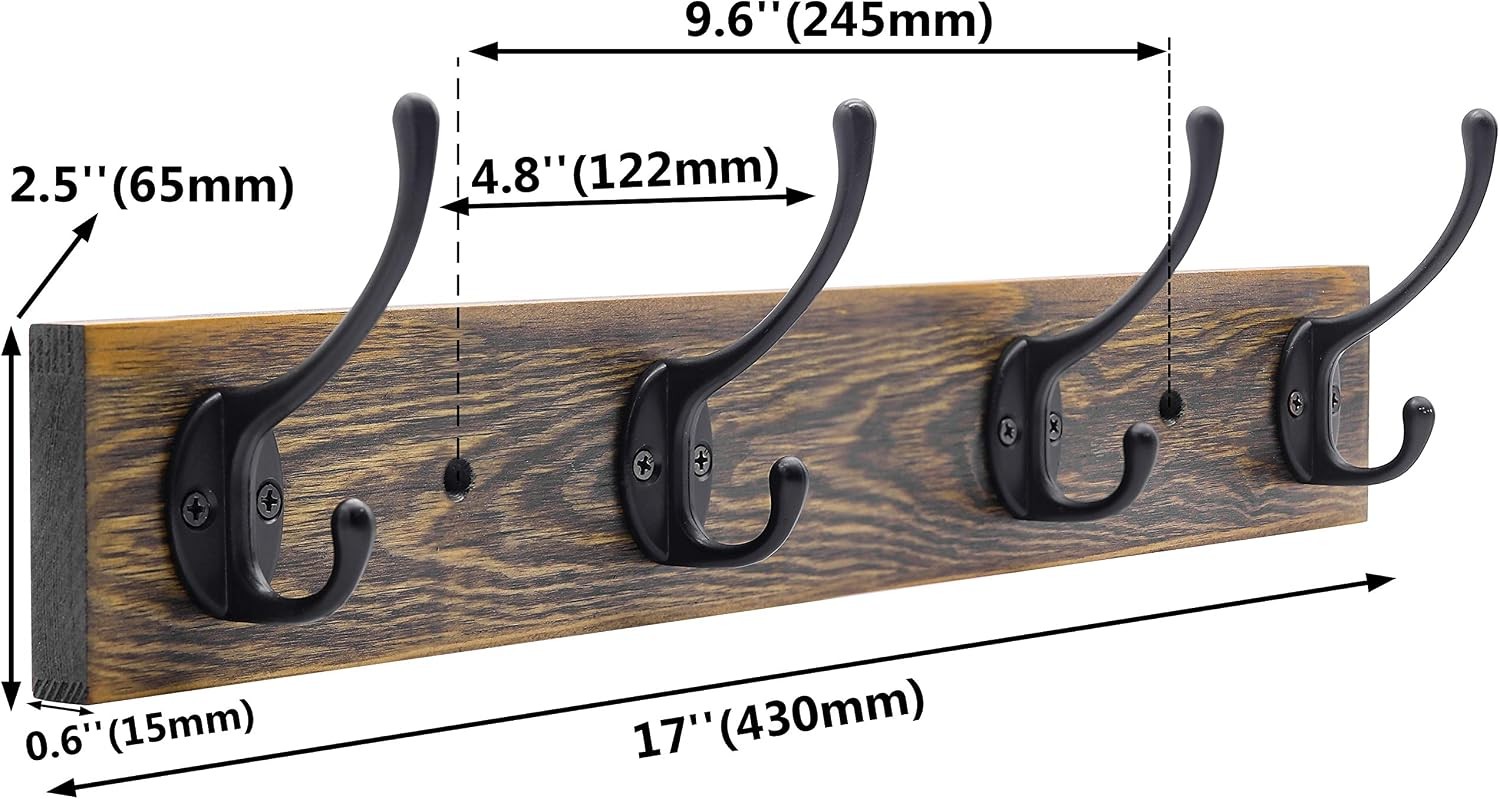Wall Mounted Coat Rack, Entryway Hanging , Metal Wood Rack with 4 Black Literary