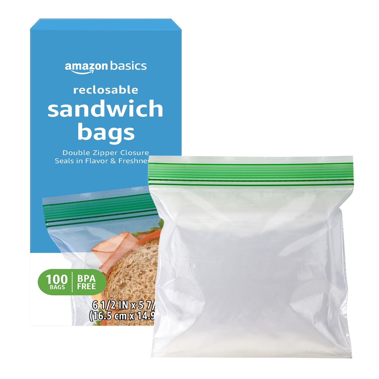 Amazon Basics Reclosable Double Zipper Sandwich 100 Count (Pack of 1), clear
