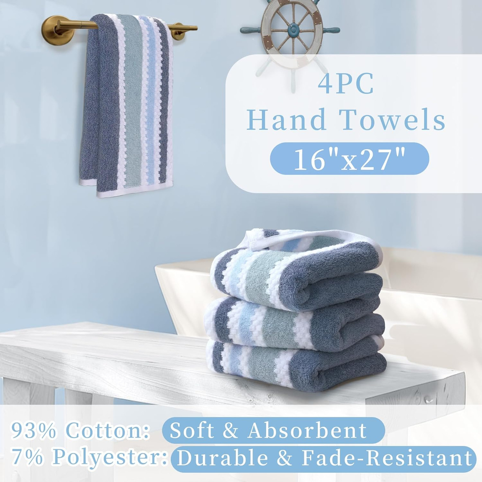 Cotton Polyester Waffle Hand Towels 4PC 16×27 Inches Blue Gray Stripe White